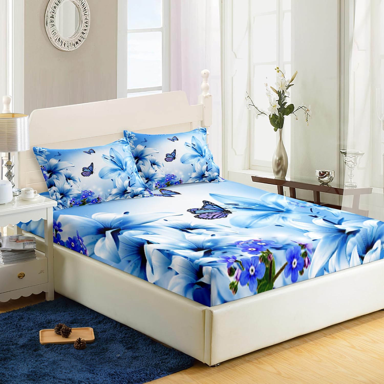 AILONEN Juego de sábanas bajeras de mariposa tamaño matrimonial, juego de sábanas de flores botánicas, juego de ropa de cama de mariposa voladora,