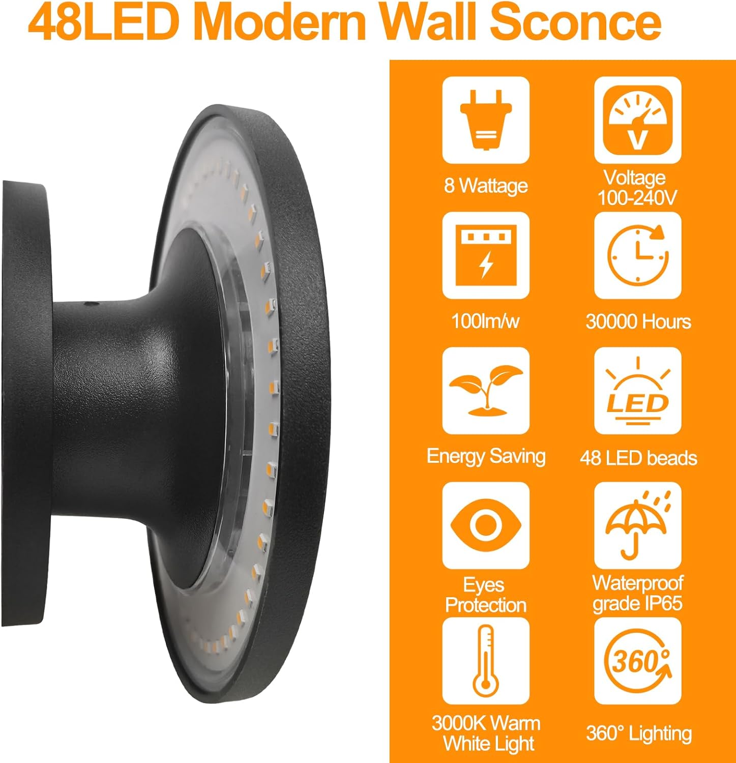 FUDESY – Lámpara de pared LED para interiores y exteriores, moderno aplique de pared IP65 impermeable, 8 W, blanco cálido, 3000 K, iluminación de