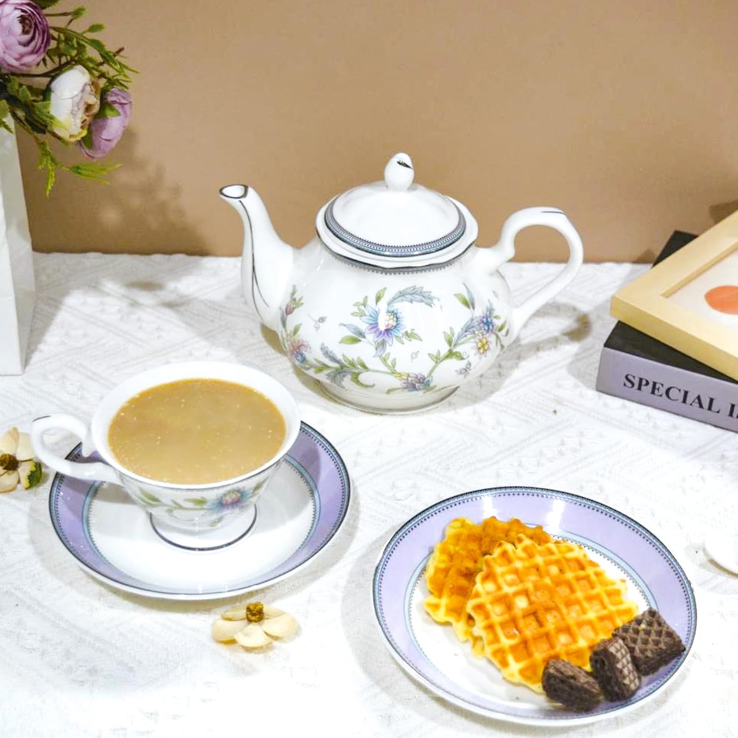 Juego de té de porcelana de hueso, juego de té de porcelana de 21 piezas para adultos, tazas de té y platillos para 6, con tetera, cucharas,