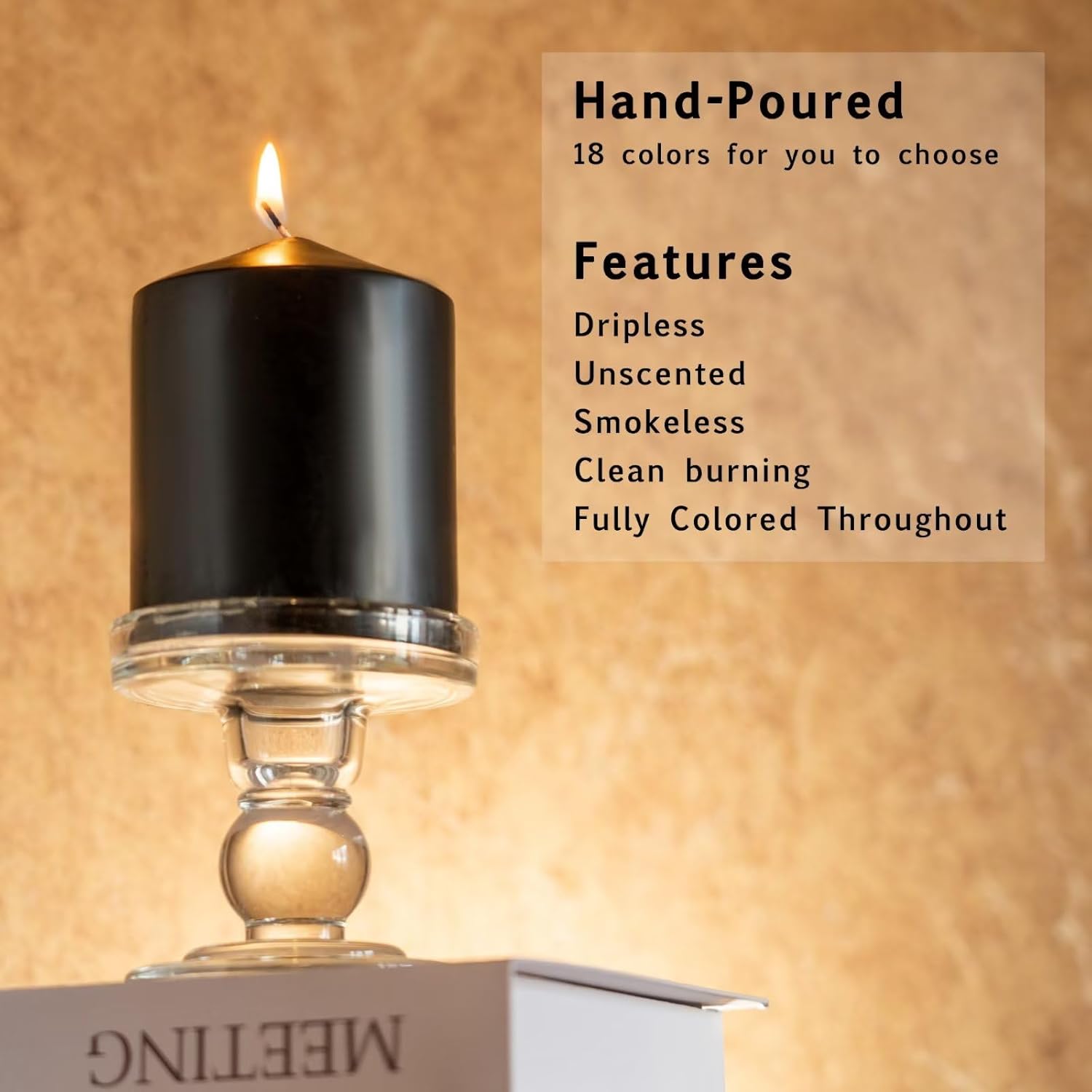 Velas sin perfume vertidas a mano de 3 x 8 pulgadas, juego de 2 velas de pilar negras grandes, sin goteo, aproximadamente 120 horas de combustión,
