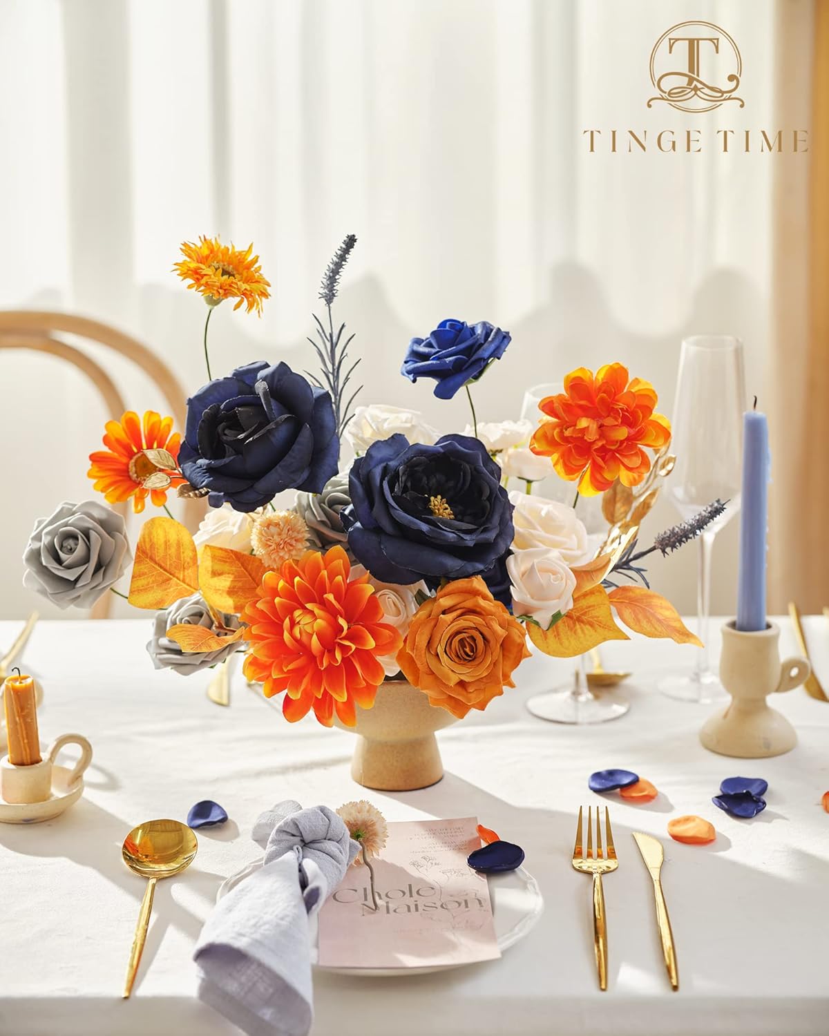 TINGE TIME Flores artificiales, naranja quemado y azul marino, combo de flores para bricolaje, ramos de boda, centros de mesa, arreglos de mesa,