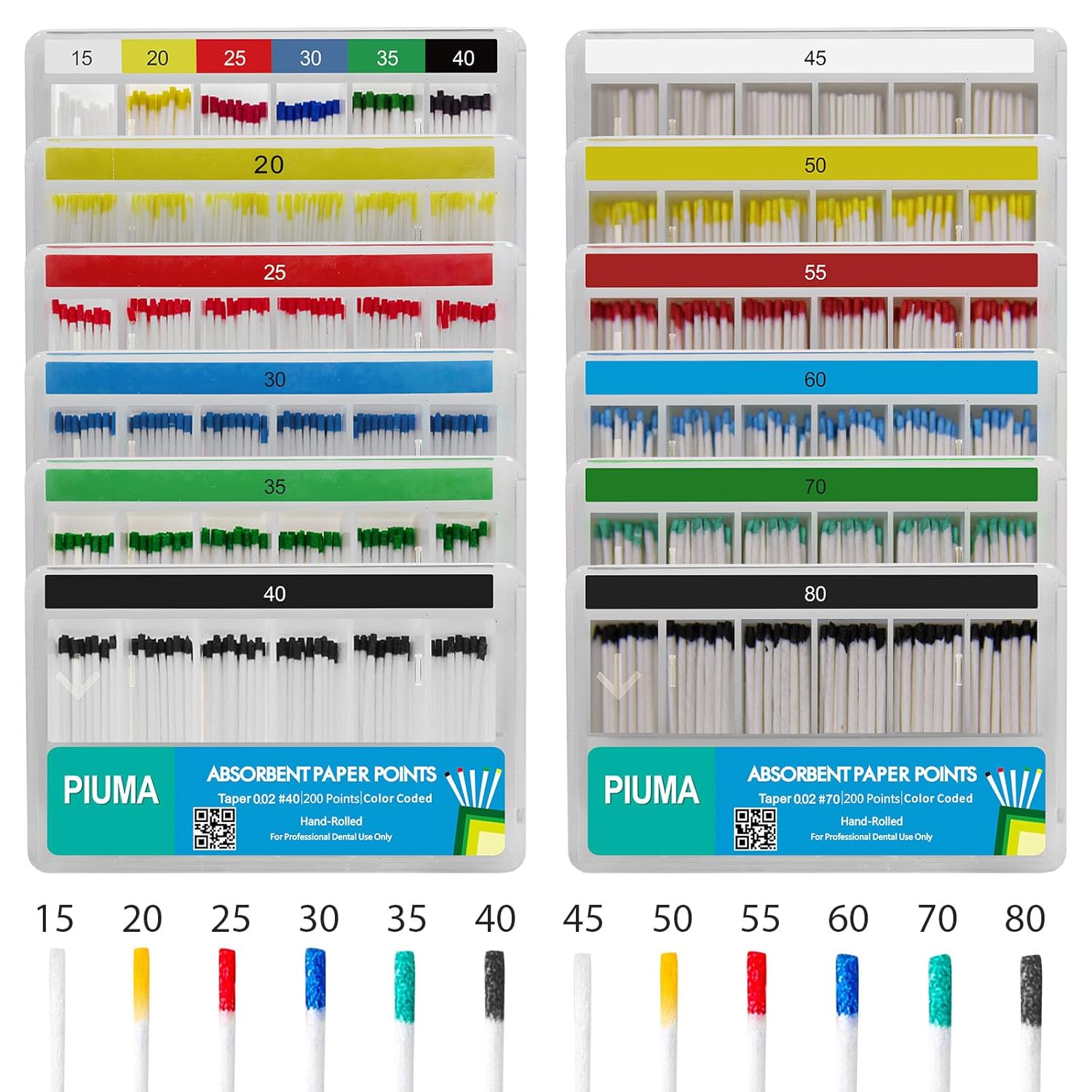 200 puntos de papel absorbente Piuma de grado dental #60 de varios tamaños  Tapper para endodoncia endodóntica dental, estéril, tamaños mixtos