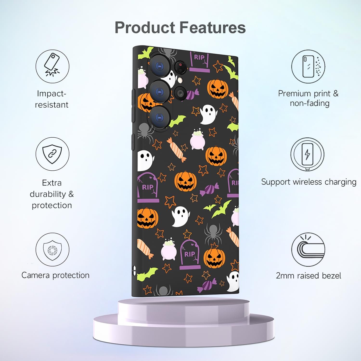 Funda de teléfono de Halloween compatible con Samsung Galaxy S22 Ultra con murciélago, calabaza, caramelo, araña, fantasma, Halloween, funda negra