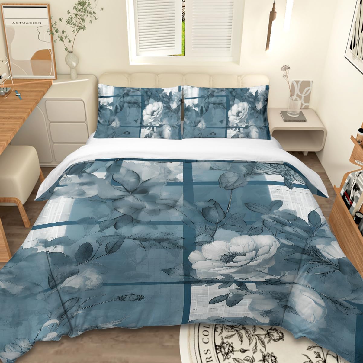 Juego de funda de edredón floral tamaño matrimonial, microfibra suave, ligera, azul lago, Cymbidium Sinense botánico, juegos de ropa de cama con