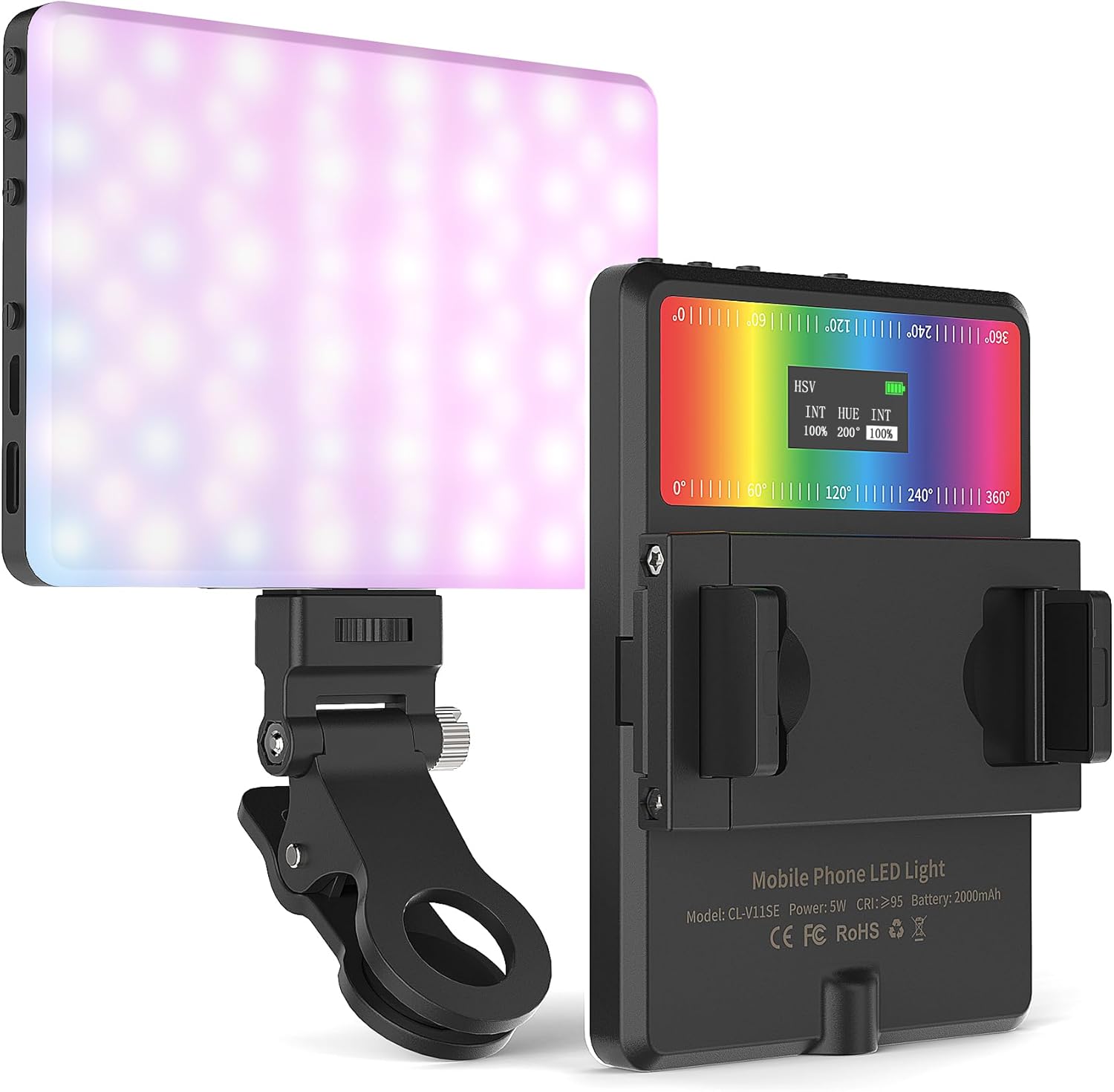 MAXTOP Luz de teléfono, luz de video RGB portátil para selfie para iPhone, iPad, cámara, clip frontal y trasero, batería de 2000 mAh, CRI 95+,