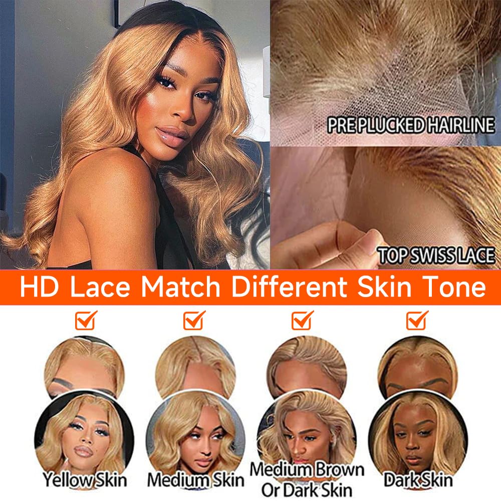 Peluca de cabello humano rubio miel con encaje frontal HD de 13 x 4, pelucas de cabello humano prearrancadas con abuelitos, densidad del 180%, sin