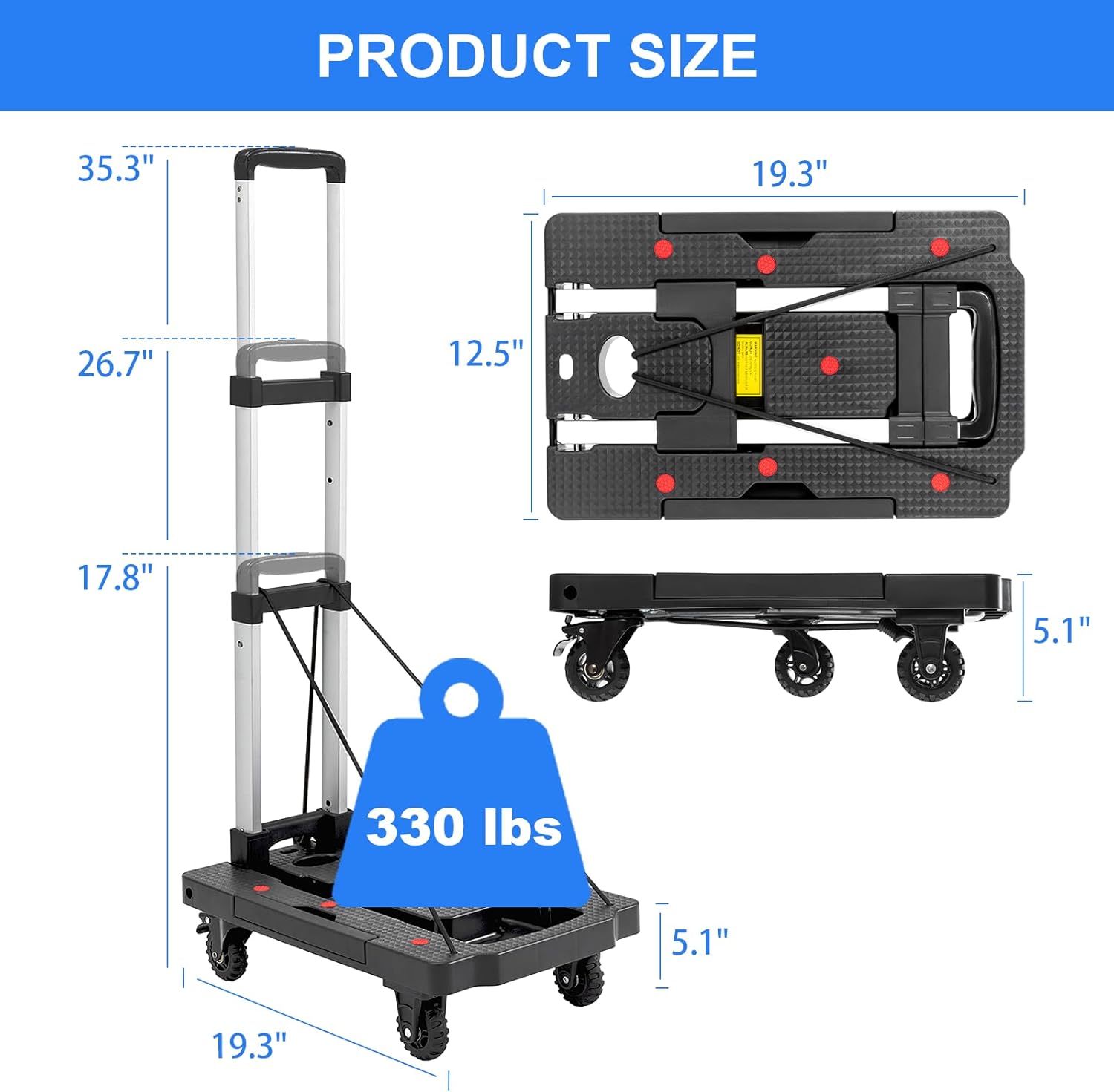 Camión de mano plegable, 330 libras, carrito de mano plegable, carrito de mano resistente, carrito de equipaje de plataforma portátil con 5 ruedas y