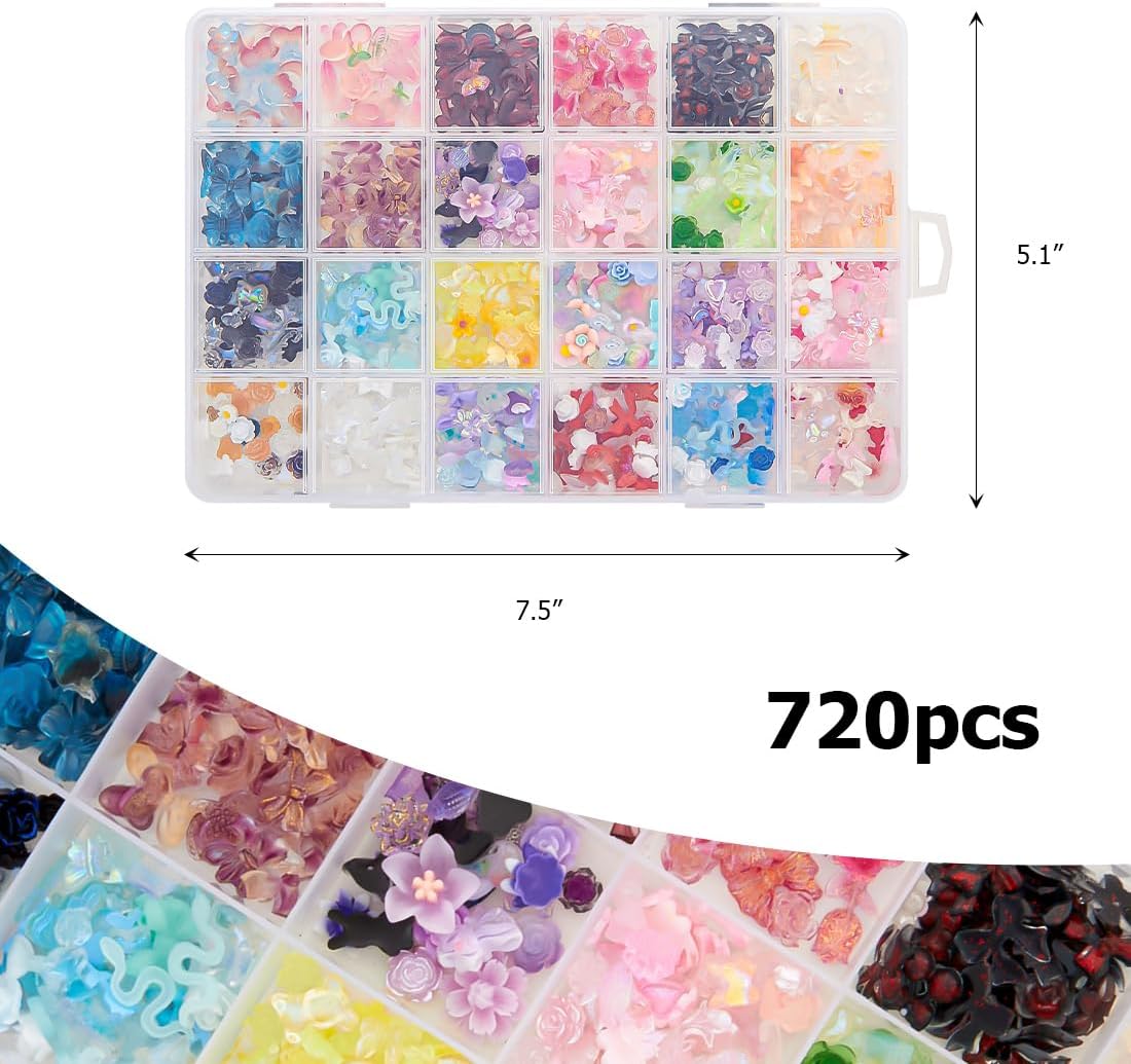 Youteer Juego de 720 dijes de resina colorida para arte de uñas, diamantes de imitación acrílicos 3D de varios tamaños, suministros de uñas para
