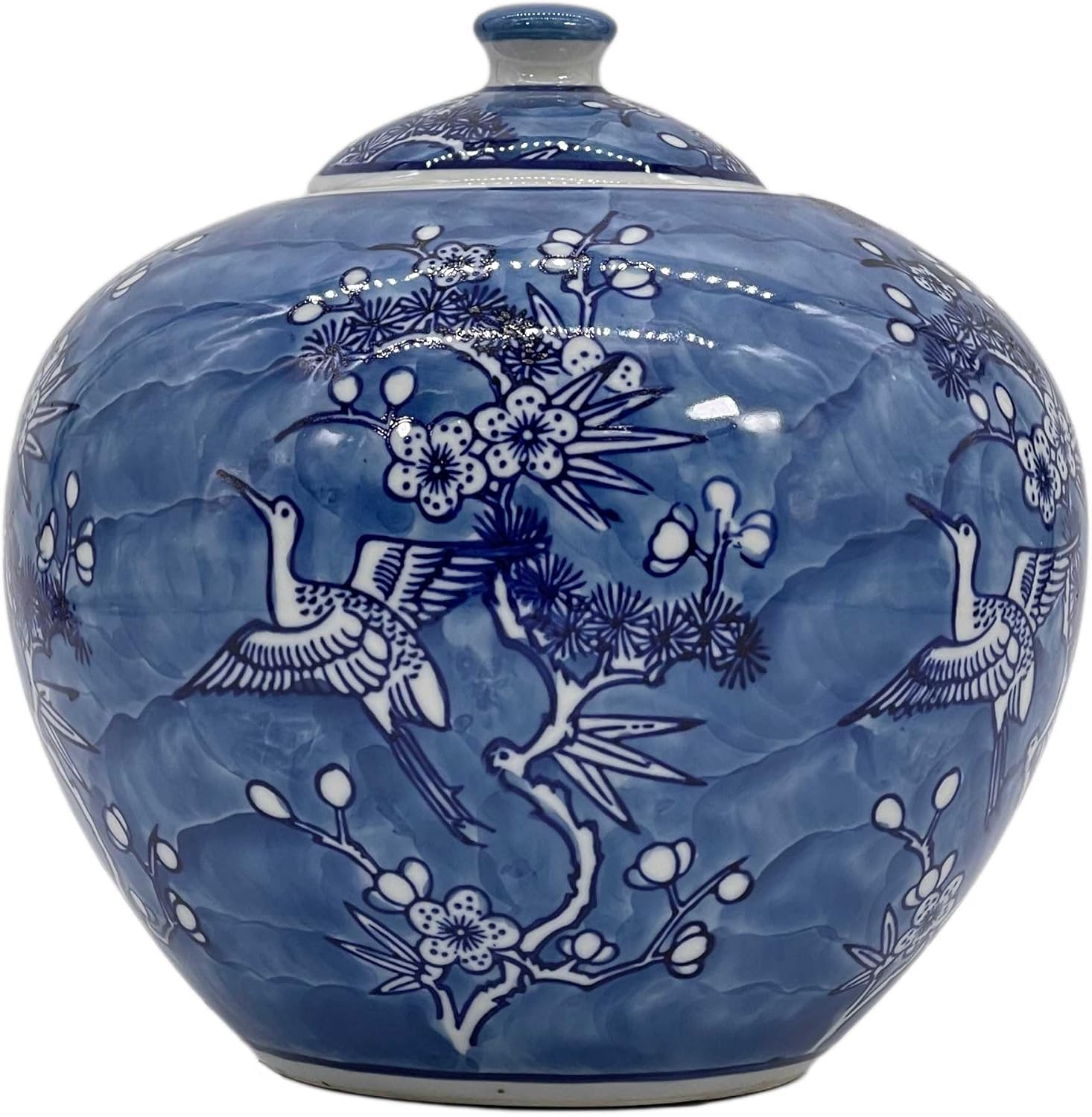 Galt International Tarro chinoiserie de grúa floral azul y blanco de 8 pulgadas con tapa decorativa de jengibre para centro de mesa, almacenamiento