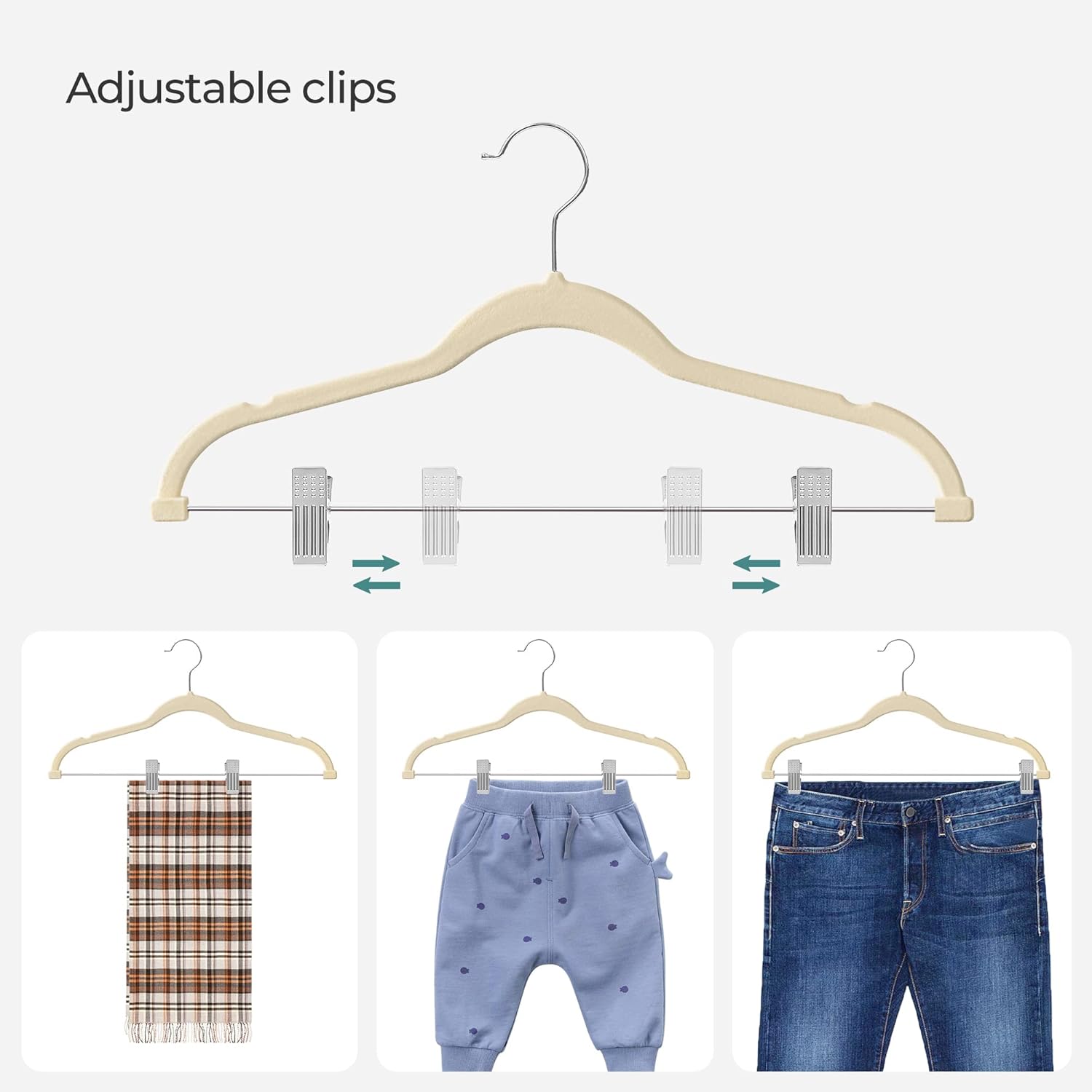 SONGMICS Paquete de 20 perchas para pantalones, perchas de terciopelo de 16.7 pulgadas de largo con clips ajustables, resistentes, antideslizantes,
