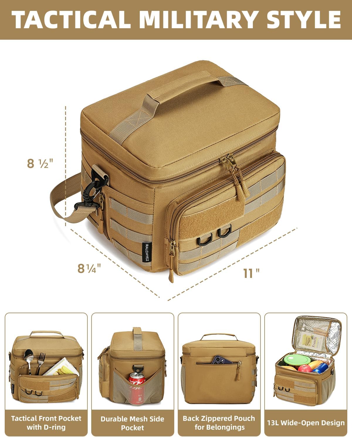 RalChyez Lonchera táctica, bolsa de almuerzo aislada grande de 13 L, con correas Molle, a prueba de fugas, con correa para el hombro, para adultos,