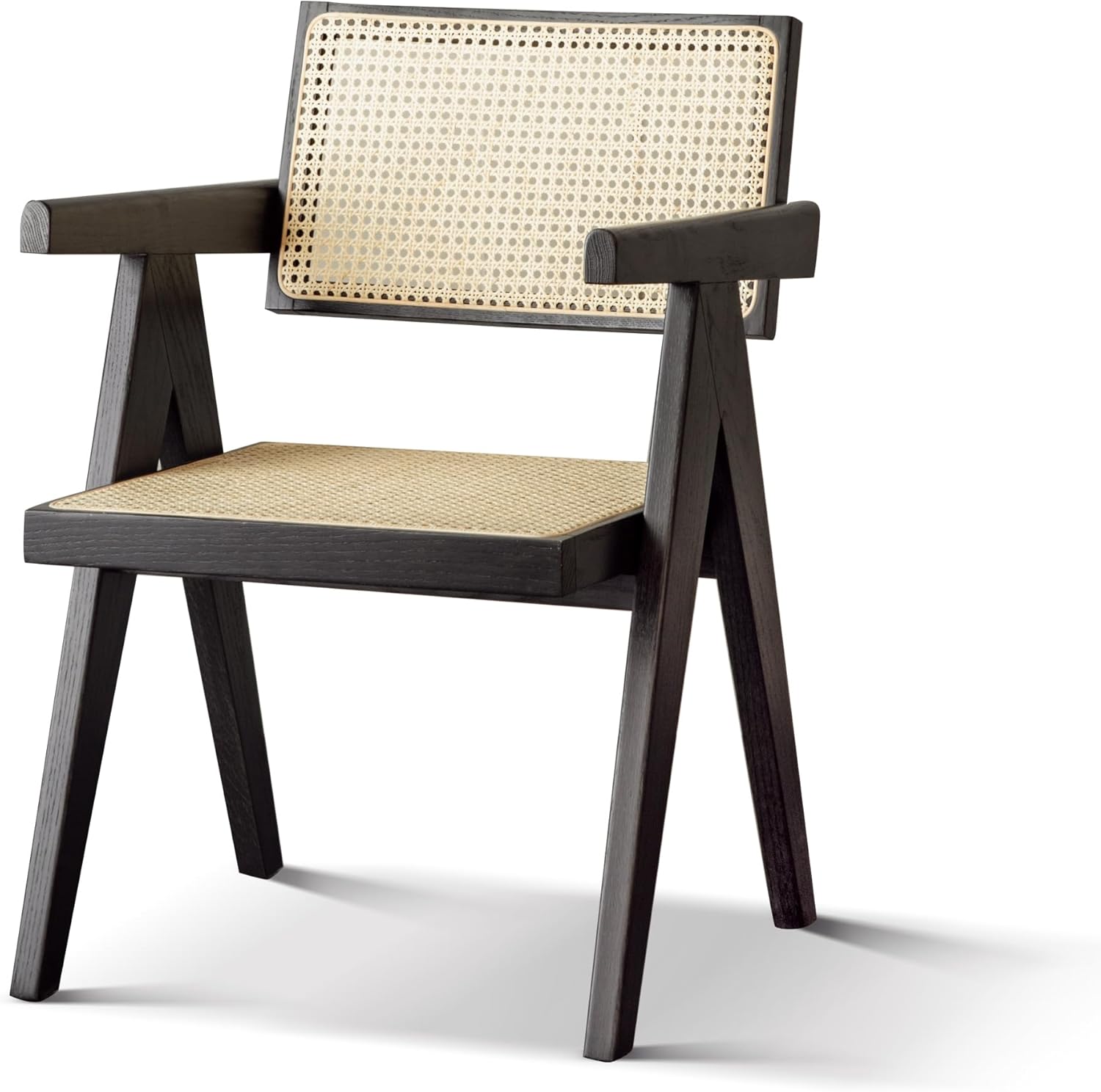 Silla ahumada de roble, diseño clásico moderno, patas en V resistentes, respaldo de ratán, ideal para comedor y sala de estar