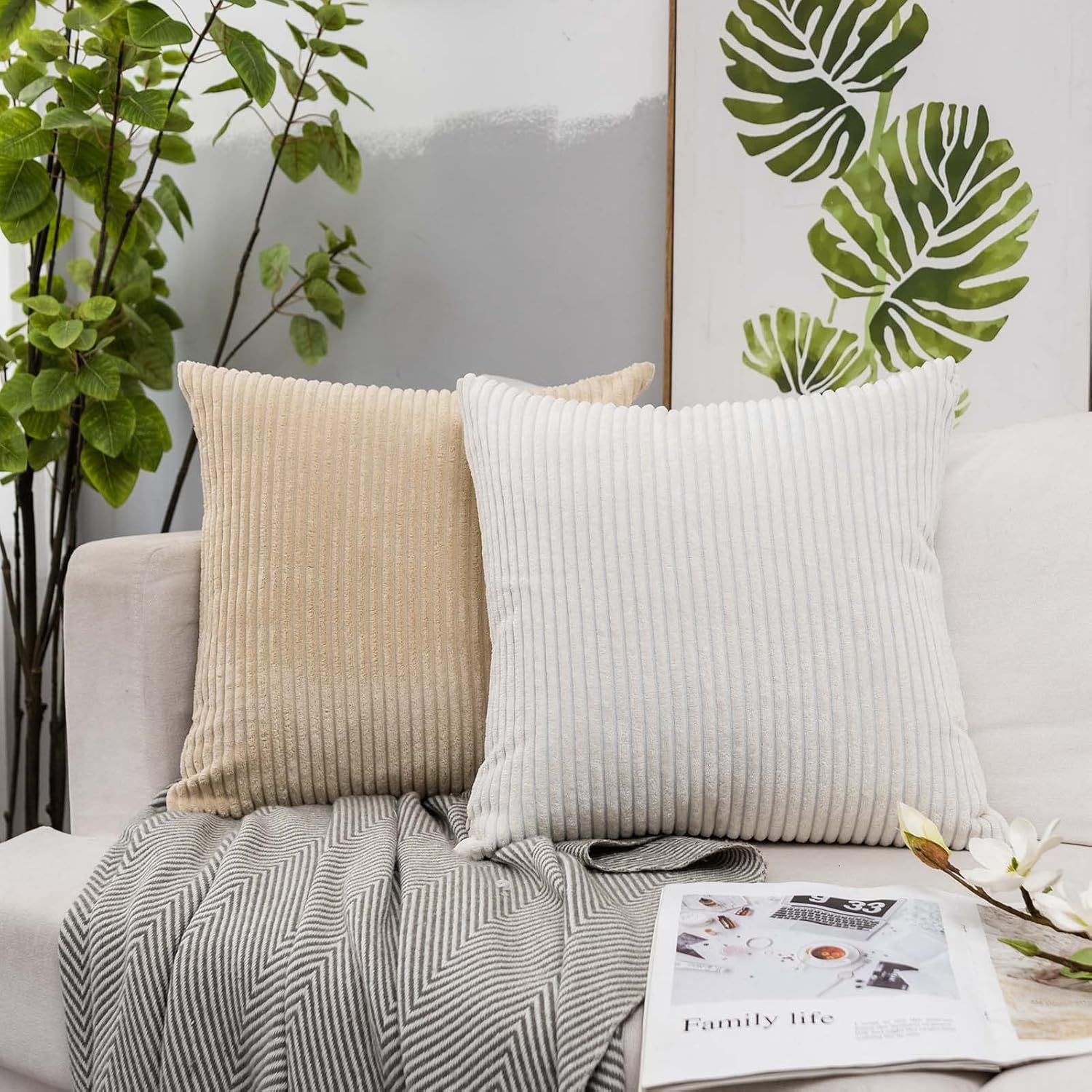 JUSPURBET Juego de 2 fundas de almohada de pana de queso crema de 22 x 22 pulgadas para sofá, cama, sala de estar, fundas decorativas suaves de