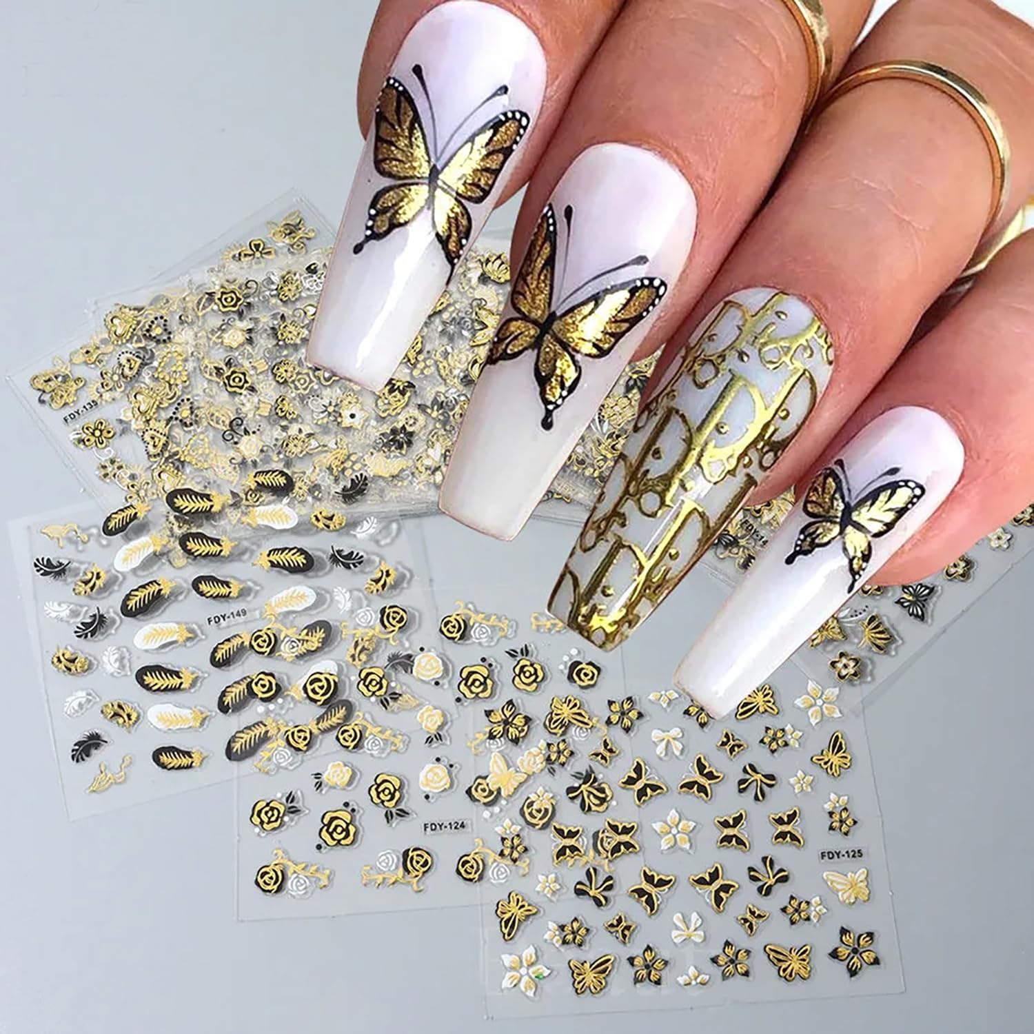 Vezocim Calcomanías de arte de uñas, 30 hojas de calcomanías autoadhesivas para uñas, diseño de hojas de flores pequeñas, mariposa, transferencia de