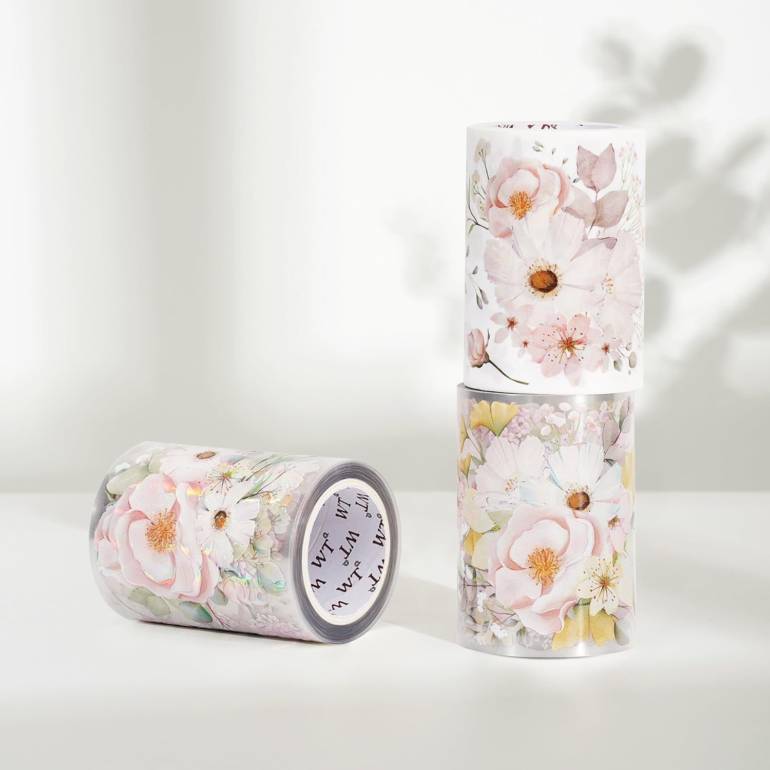WT Cinta de PET ancha rubor, rollo individual, diseños originales, cinta decorativa de flores rosas acuarelas, cinta adhesiva transparente