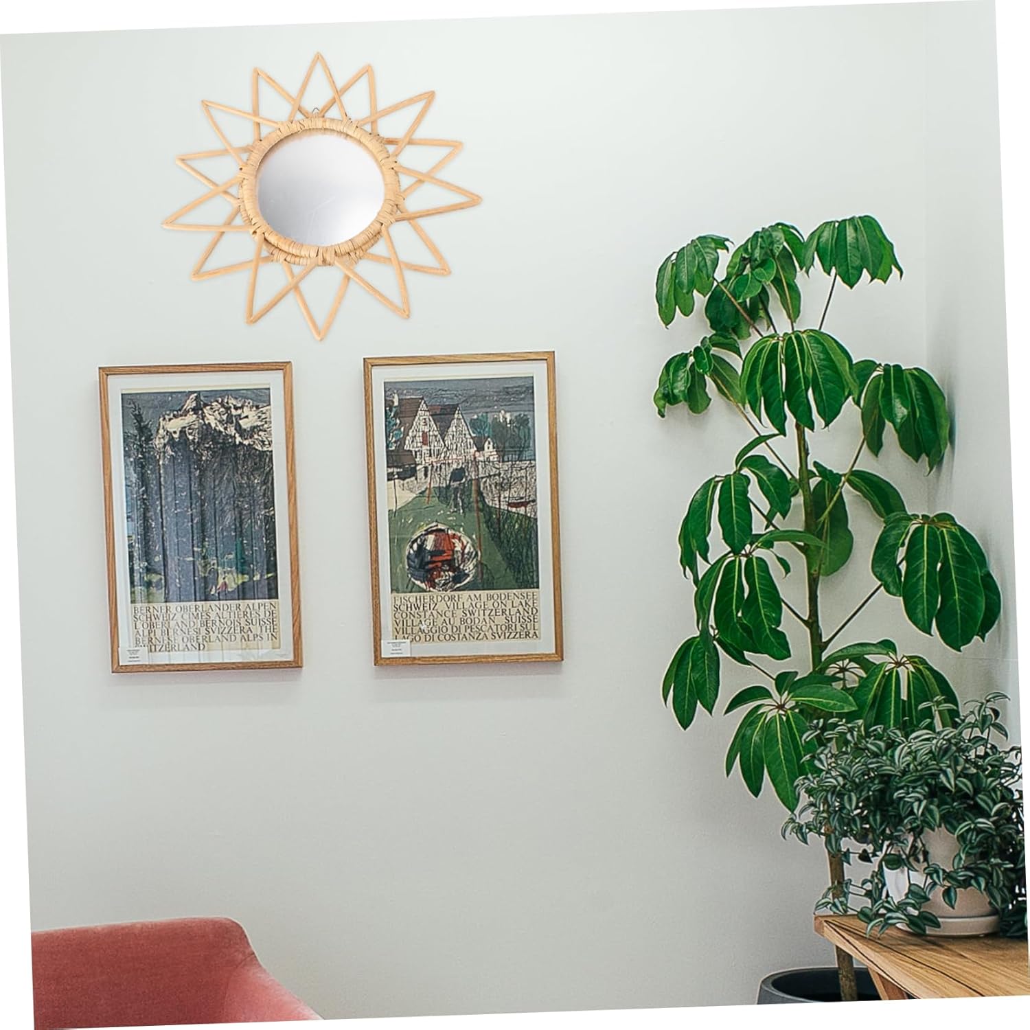 Cabilock Espejo decorativo de ratán, decoración de arte innovadora, espejo redondo de mimbre, espejo tejido de ratán, espejo de pared de tocador