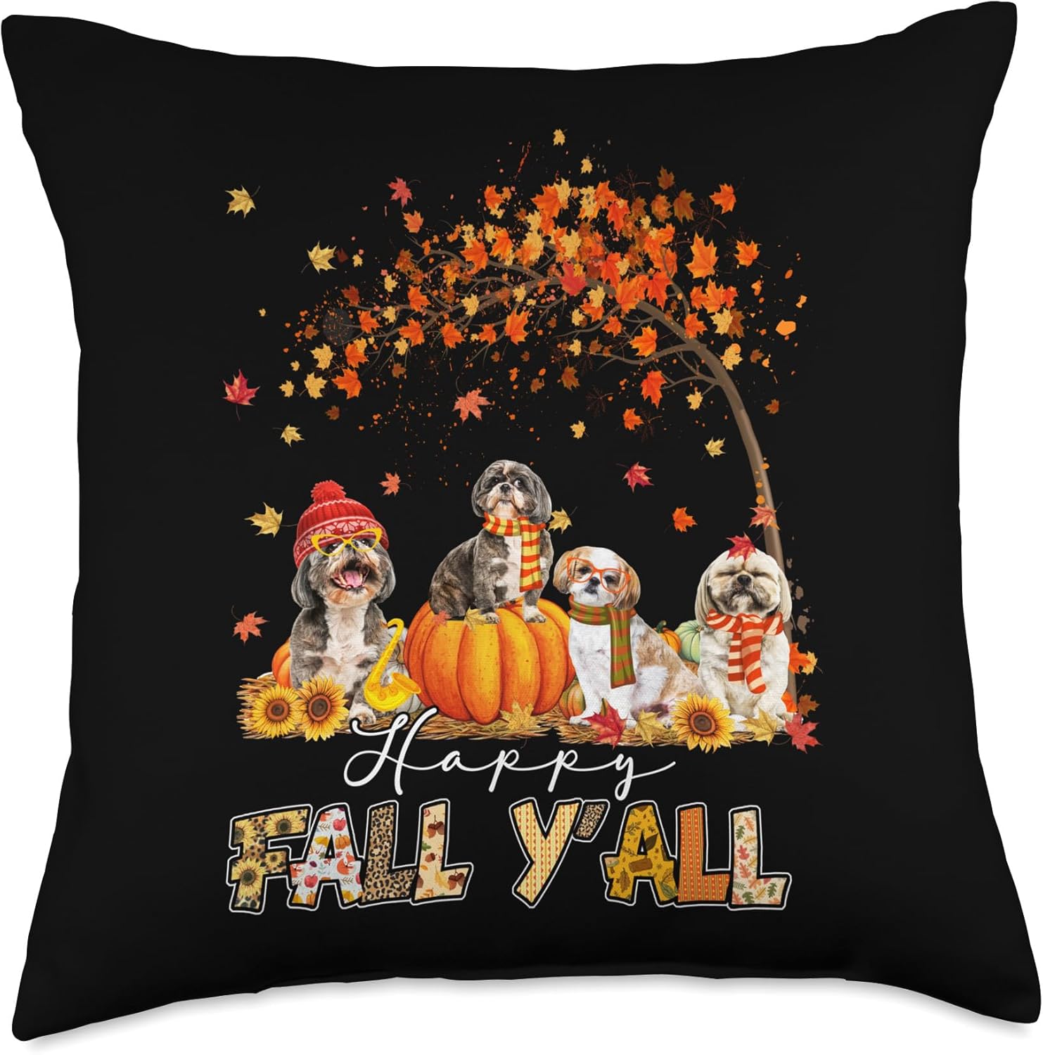 Shih Tzu Dog Happy Fall Y’all Autumn Gift Dog Tee Shih Tzu Dog – Cojín de Acción de Gracias, diseño de calabaza, camión, otoño, 18 x 18 pulgadas,