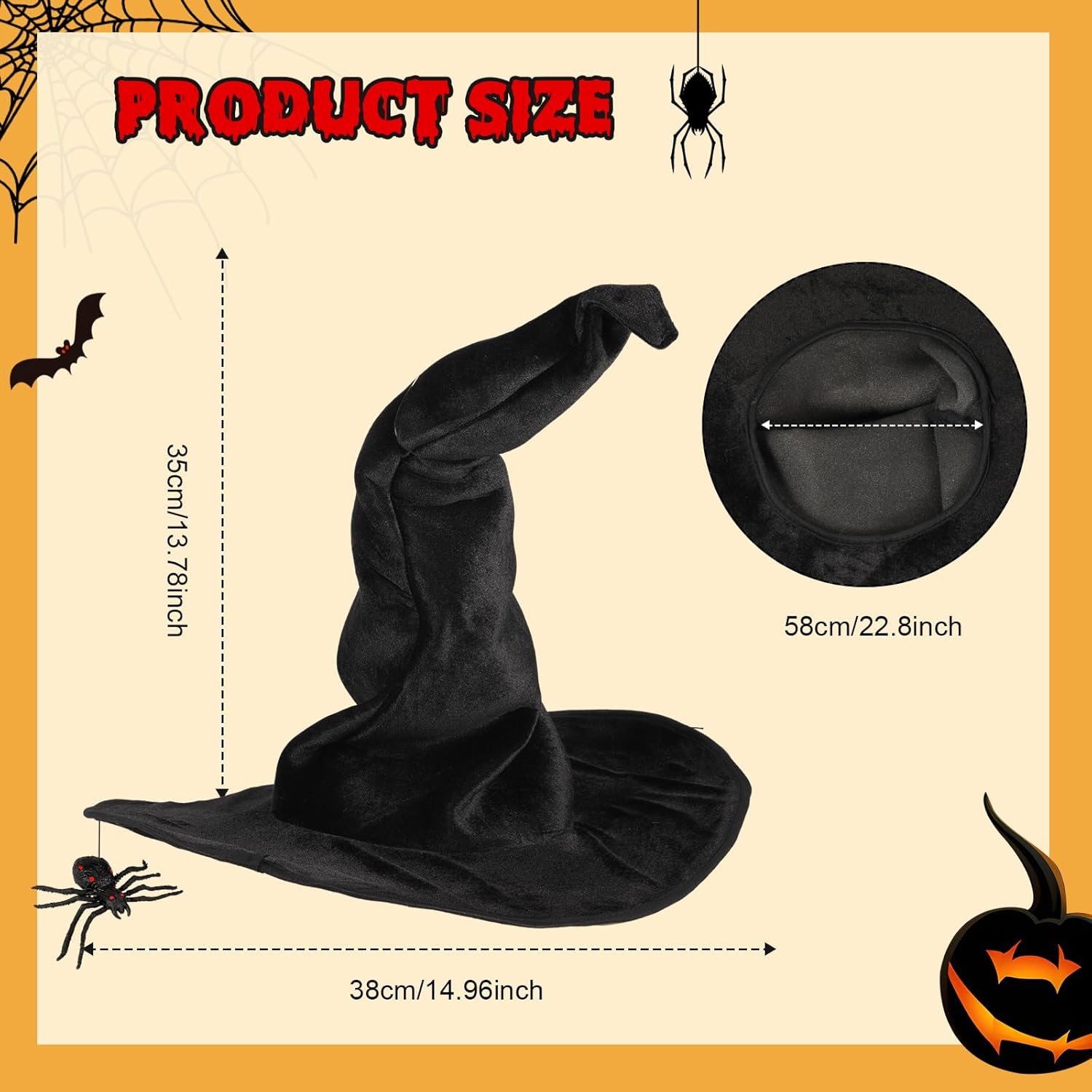 Geyoga Sombrero de bruja de araña de Halloween para mujer con 2 piezas de arañas negras de Halloween para fiesta de máscaras, cosplay, accesorio de