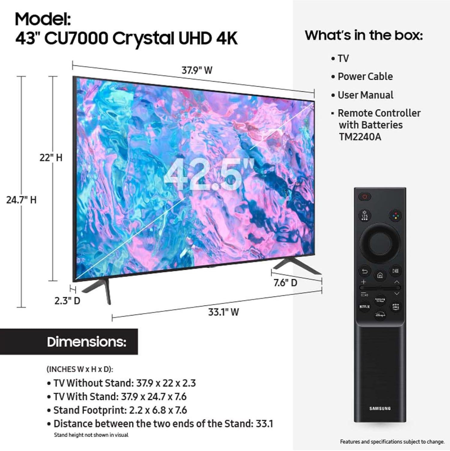 SAMSUNG Serie Crystal UHD CU7000 de 43 pulgadas PurColor, sonido de seguimiento de objetos, Q-Symphony, mejora 4K, HDR, concentrador de juegos,