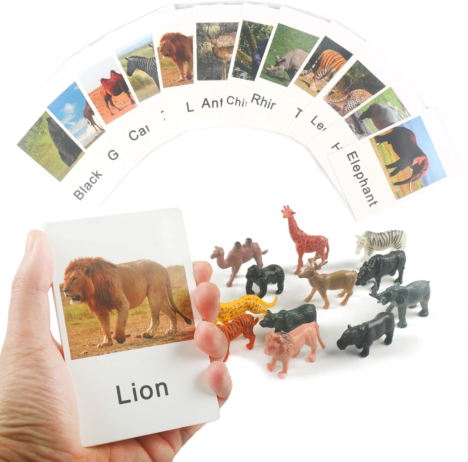 MEROCO Montessori Zoológico Safari Animal Match – Figuras en miniatura con 2 tarjetas a juego de piezas Montessori Materiales de lenguaje Montessori