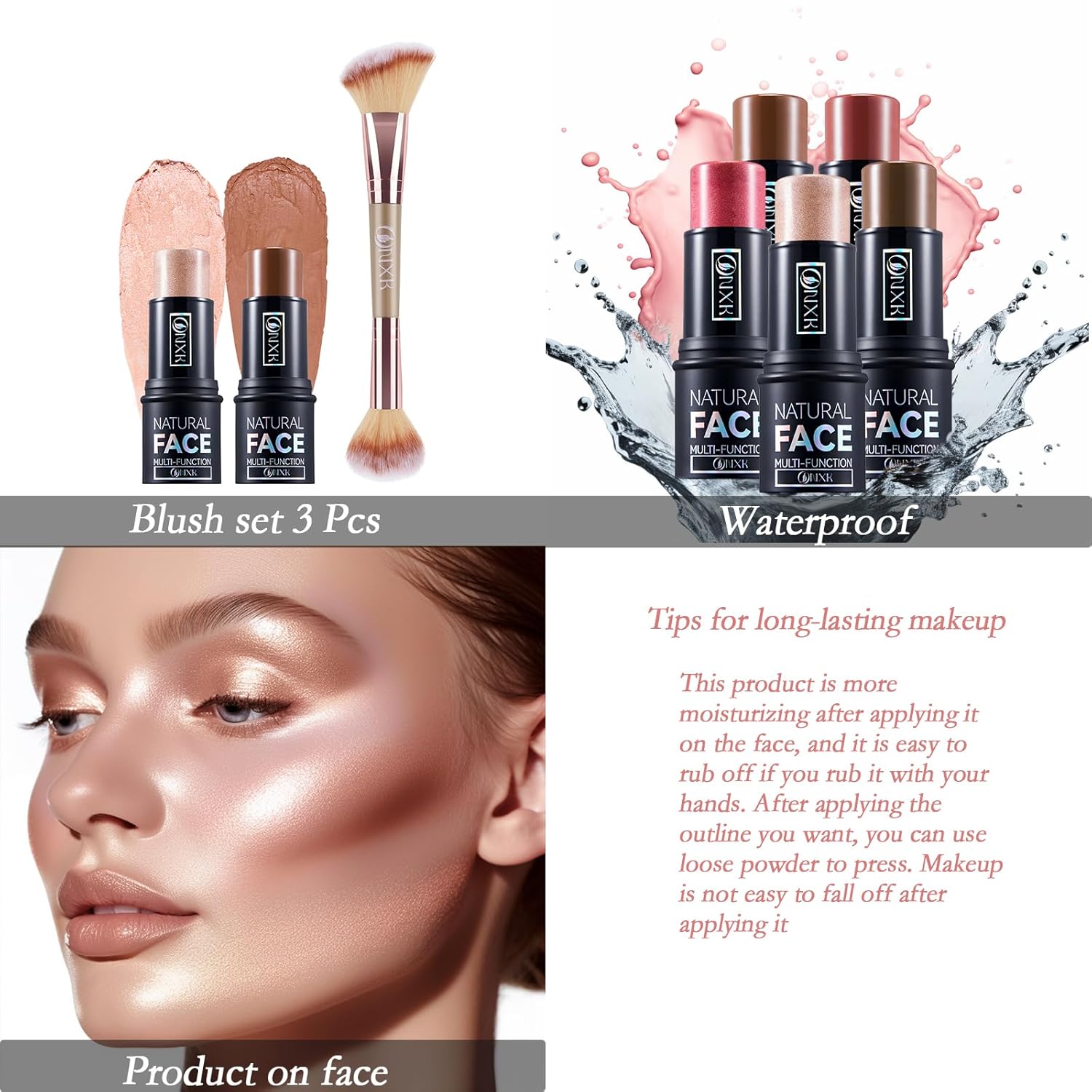 ONXK Lápiz de contorno de crema de maquillaje resaltador, fácil de aplicar, bronceador natural y barra de rubor, no grasa e impermeable, para