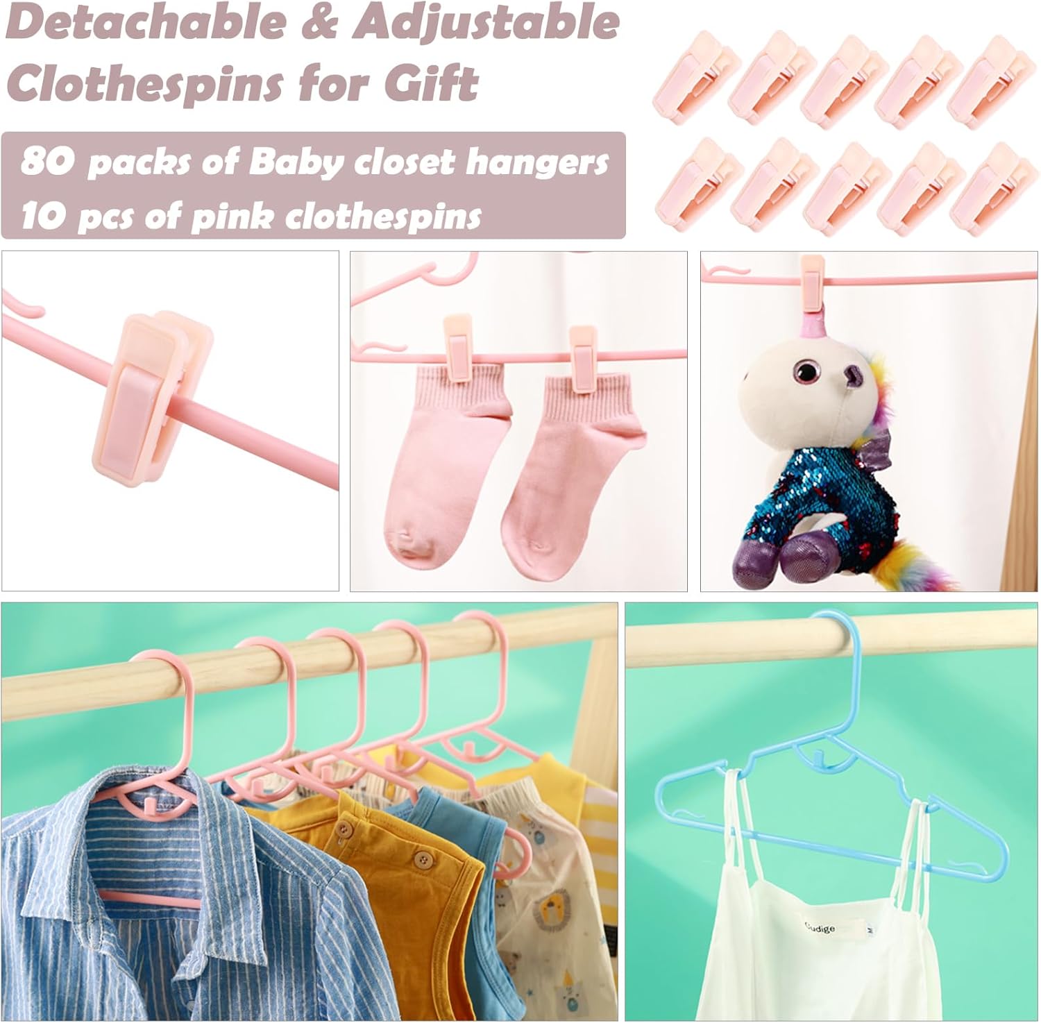 Paquete de 80 perchas de plástico para bebé, perchas para ropa infantil con clips para guardería, perchas que ahorran espacio para organizador de