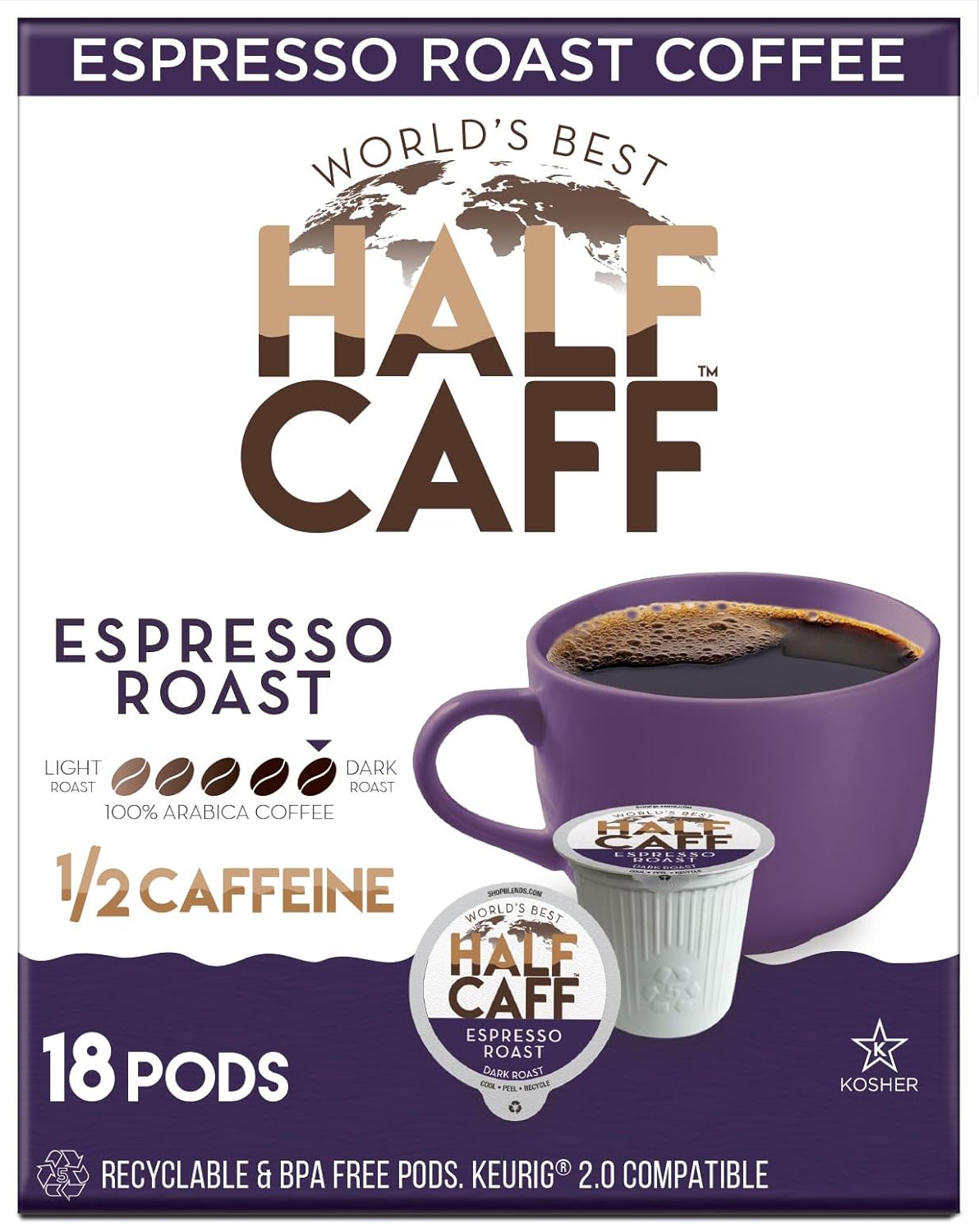 World’s Best Half Caff Café tostado expreso de 18 quilates, cápsulas de café de tostado oscuro reciclables producidas por energía solar, 100% café