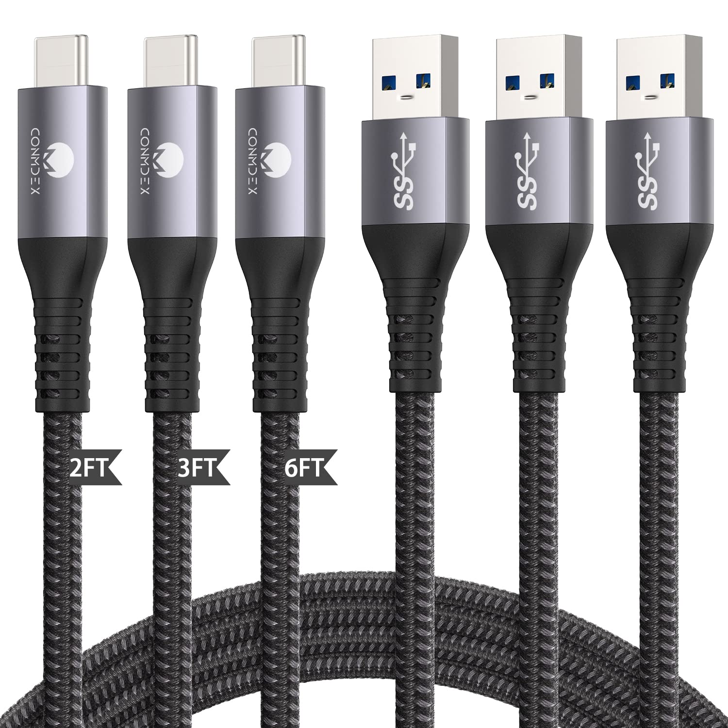 CONMDEX Cable USB a USB C 2 pies+3 pies + 6 pies 10 Gbps USB 3.1 Gen 2 USB A a USB C Cable de transferencia de datos, cable de carga rápida 3A tipo