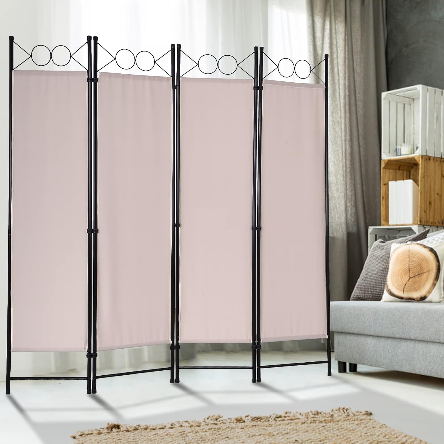 Divisores de habitación plegables de 4 paneles, marco de acero de 68 pulgadas de alto y superficie de tela, divisor de pared separador de