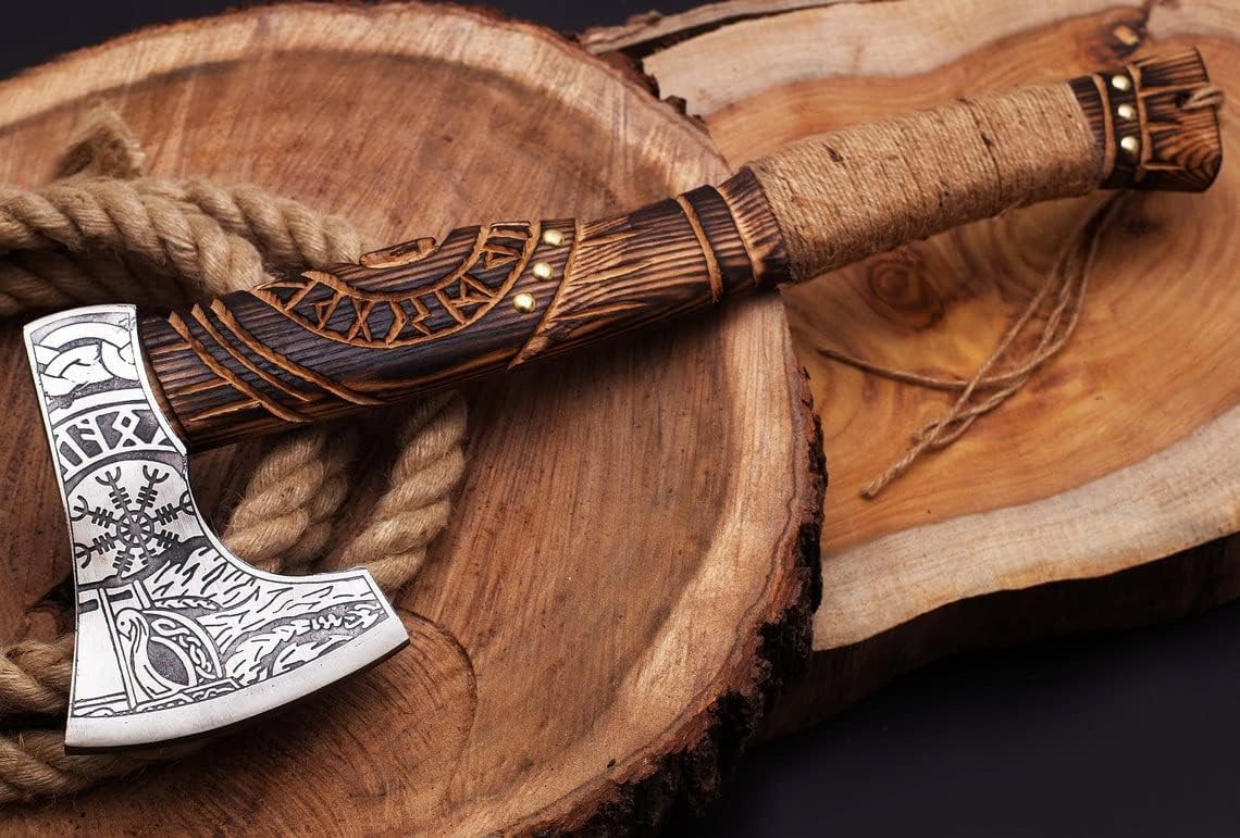 Hacha de caza con hacha de mano personalizada para exteriores, hacha vikinga, mango de madera, hacha Tomahawk con funda de cuero, regalo para