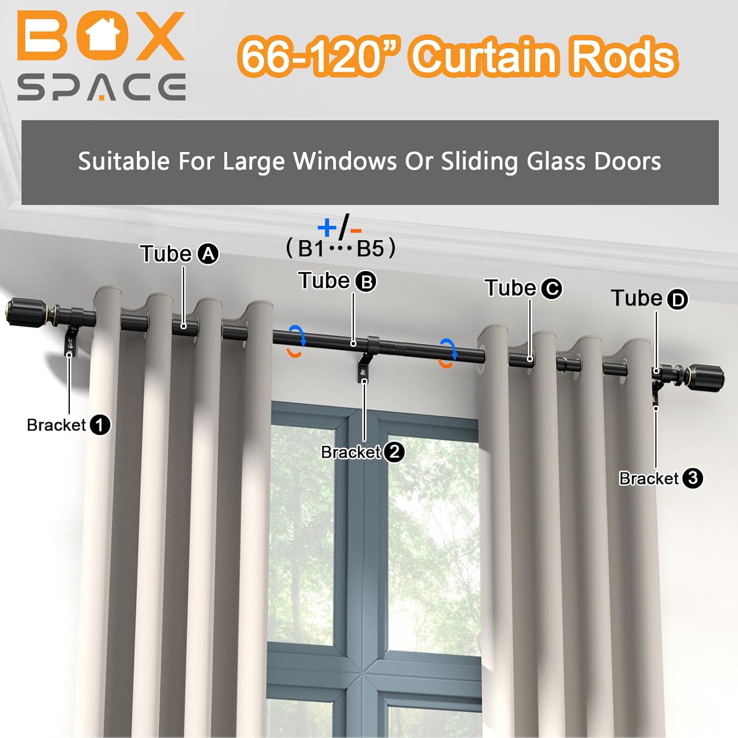 Barras de cortina para ventanas de 66 a 120 pulgadas de diámetro, barras de cortina negras ajustables, decorativas, resistentes, largas, para sala