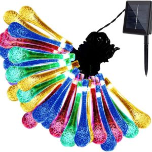 Hann Guirnalda de 30 luces LED solares, 20 pies, luces coloridas de gota de agua, luces de hadas de lluvia, luces estrelladas, luces solares Hann Guirnalda de 30 luces LED solares, 20 pies, luces coloridas de gota de agua, luces de hadas de lluvia, luces estrelladas, luces solares