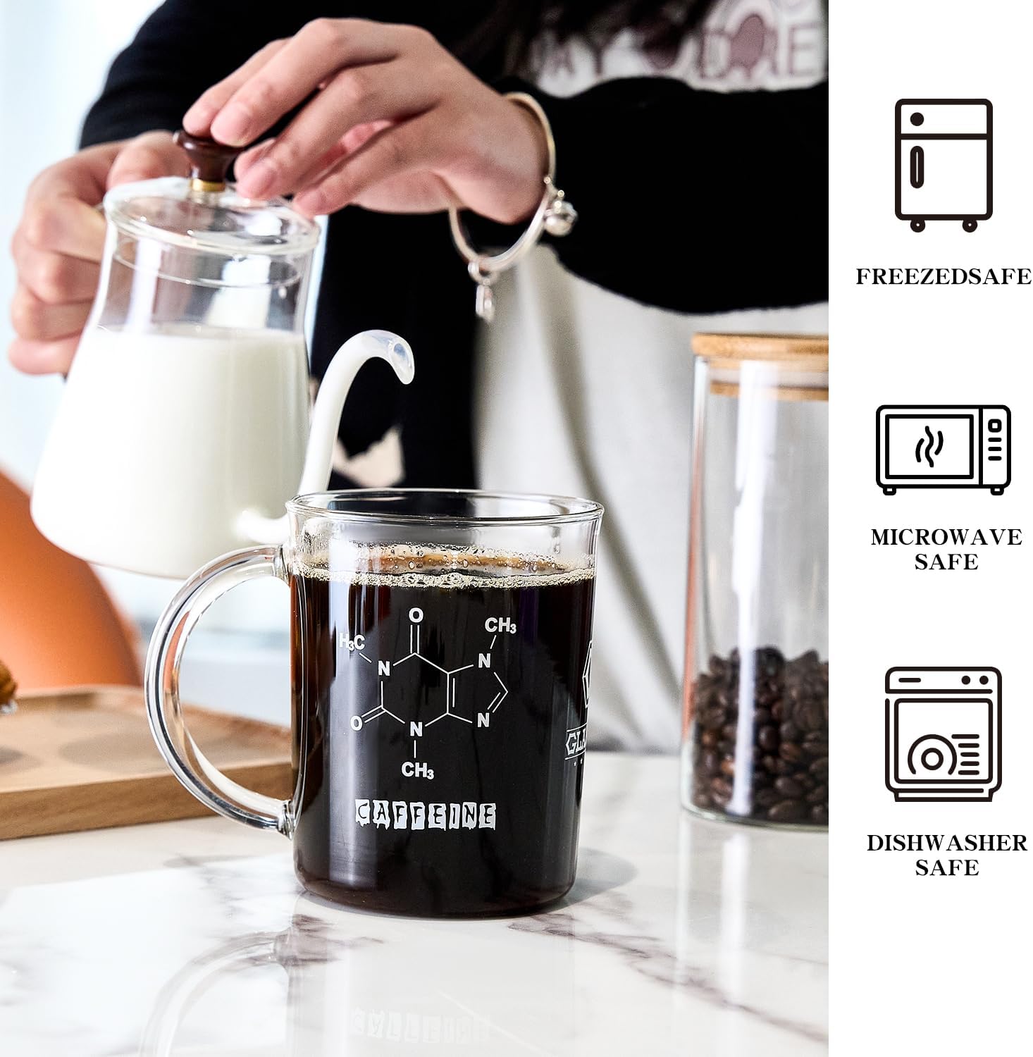 Taza de vaso de cafeína, taza de cafeína de borosilicato antigoteo de 16 onzas, tazas de café frescas con asa, taza de química, medición para café,