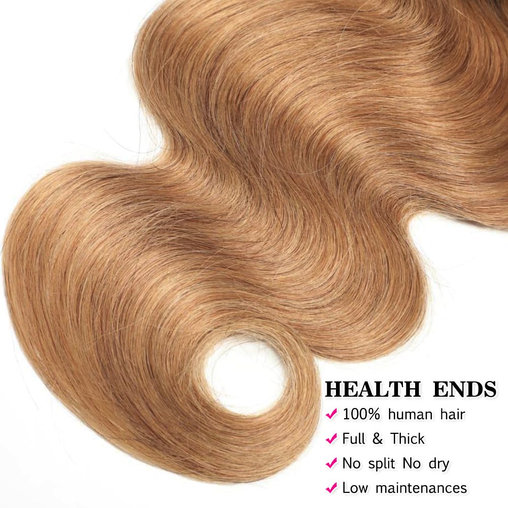Wingirl Extensiones de cabello humano degradado de grado 10A rubio miel (T1B427 18 20 22 pulgadas) 100% sin procesar, mechones de cabello humano