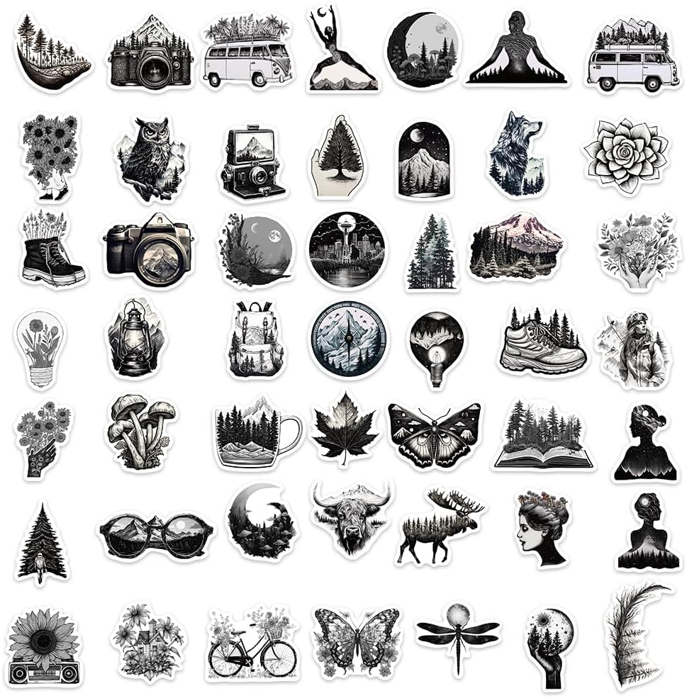 60 calcomanías para exteriores, calcomanías de aventura en blanco y negro para maleta, botella de agua, álbum de recortes, diario, laptop, patineta,