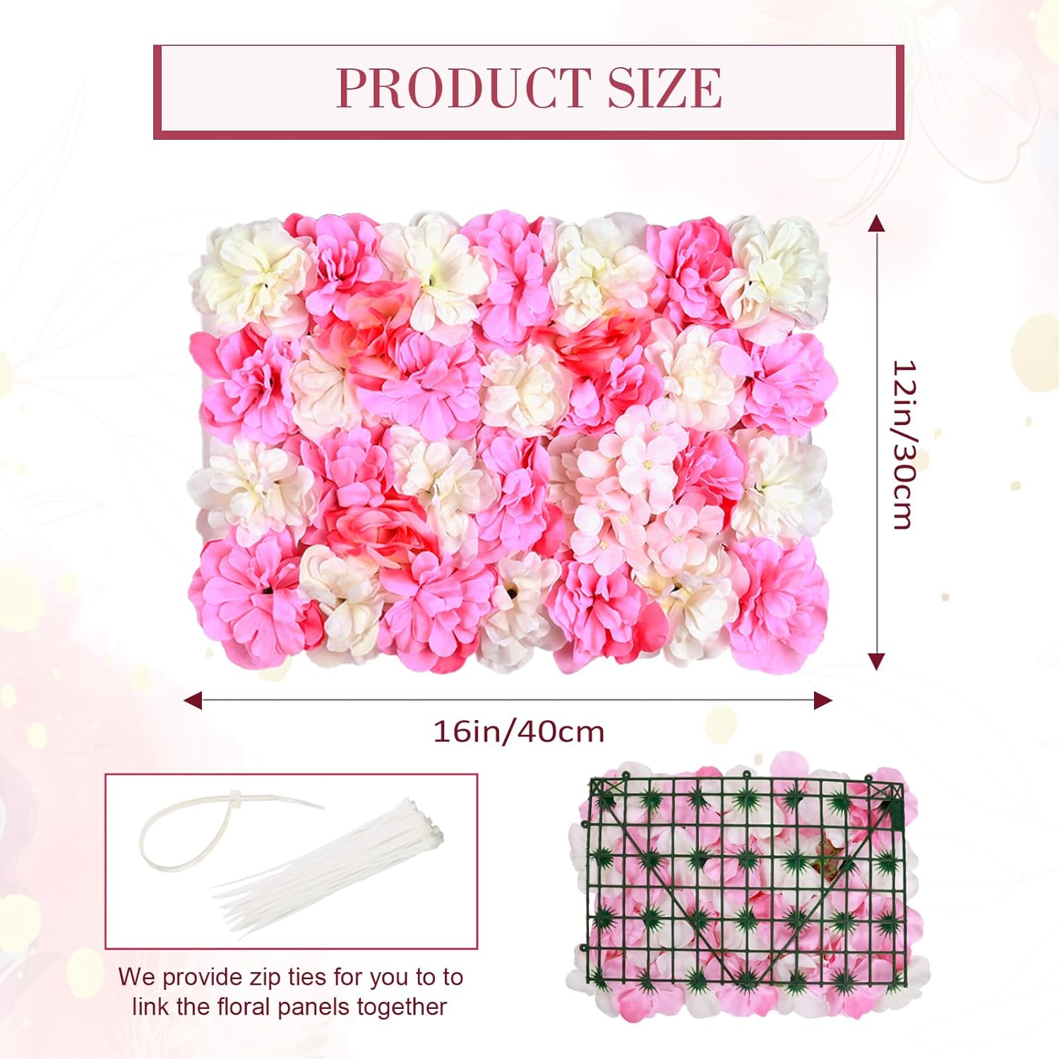 Omldggr Paquete de 6 paredes de flores artificiales de seda blanca y rosa de 12 x 16 pulgadas, pared de dalia rosa sintética, tapete de pared de