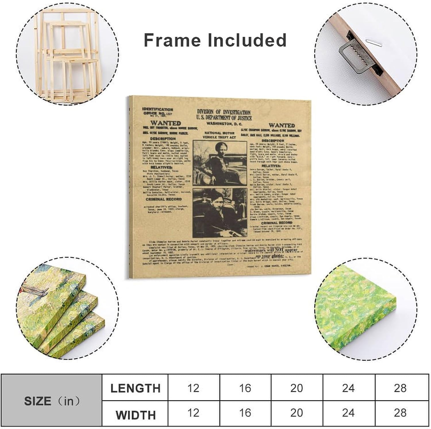 Bonnie and Clyde – Póster de búsqueda del FBI con fotos de arresto, disparo en la cabeza de bandidos de la prohibición de 1934, arte de pared,