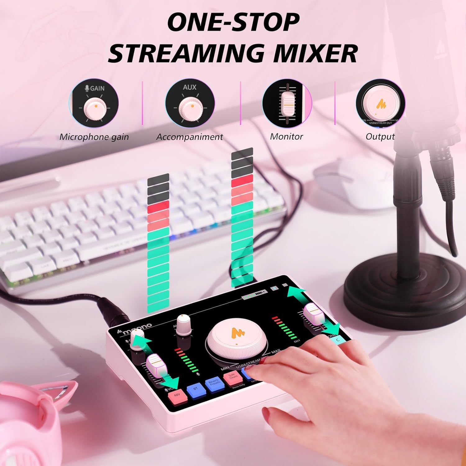 MAONO Mezclador de audio para transmisión, interfaz de audio con preamplificador profesional, Bluetooth, batería incorporada, cancelación de ruido,