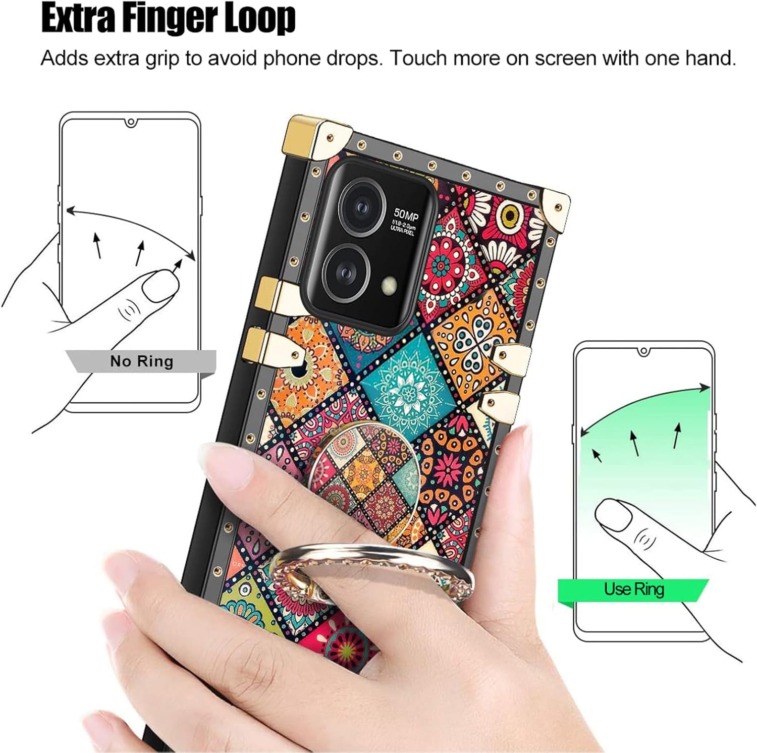 Funda cuadrada para Motorola Moto G Stylus 5G 2023 (no 20224G) con soporte de anillo, diseño de mandala retro de flores, esquinas reforzadas de