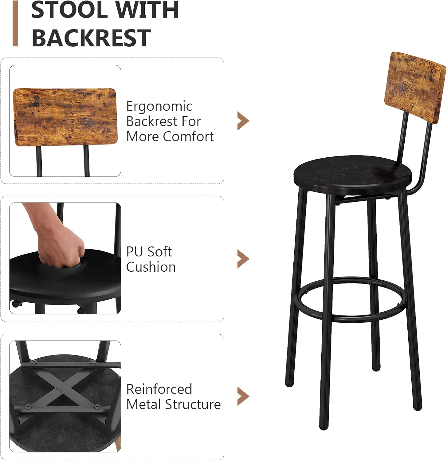 Juego de mesa y silla de bar industrial para 2 mesas y taburetes de altura de mostrador con respaldo, mesa de comedor cuadrada, juego de 3 con