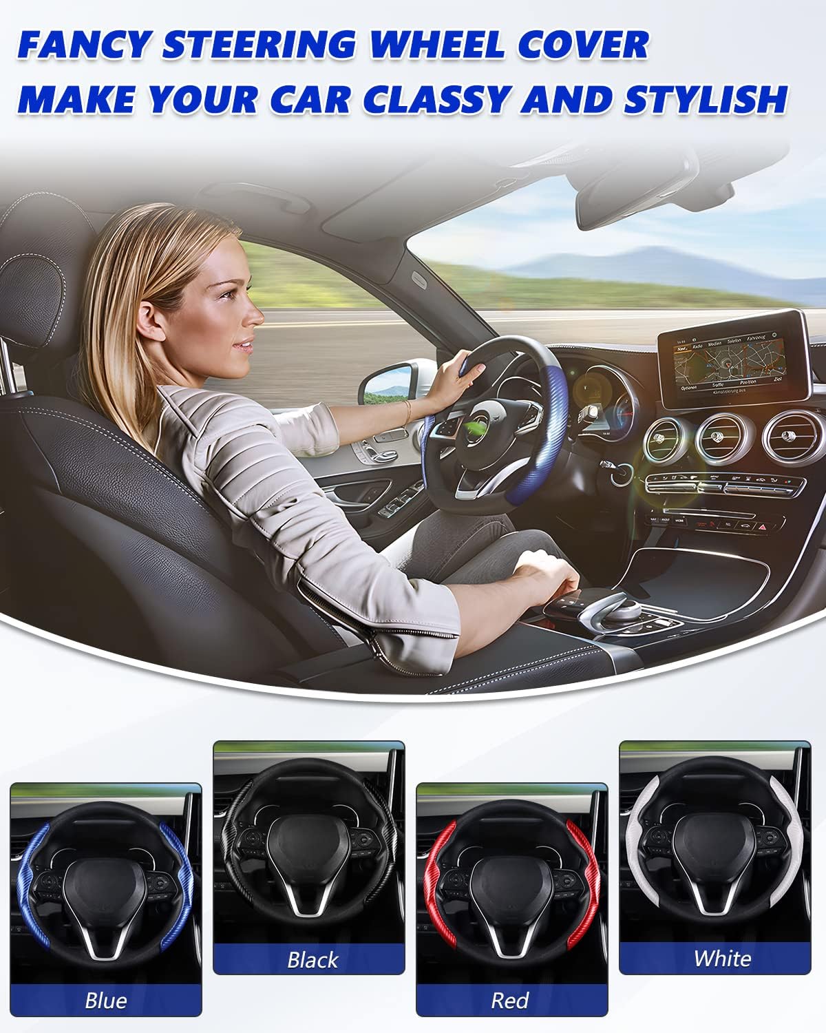 Karltys Funda para volante, 2 unidades, color azul, de fibra de carbono, antideslizante, cálida en invierno, agarre segmentado para volante,