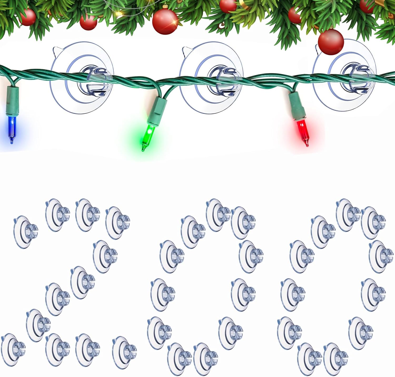Profully 200 ventosas de cadena de luces navideñas, mini soporte de ventosa de luz navideña, colgar luces de Navidad, ganchos para colgar luces de