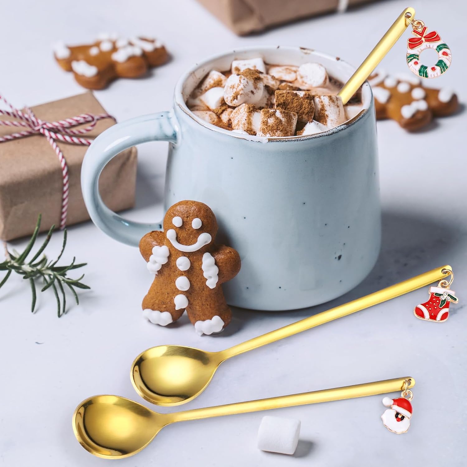 Cucharas de café doradas de acero inoxidable para Navidad, regalo de Navidad para decoraciones festivas, juego de 6 para revolver el té y utensilios