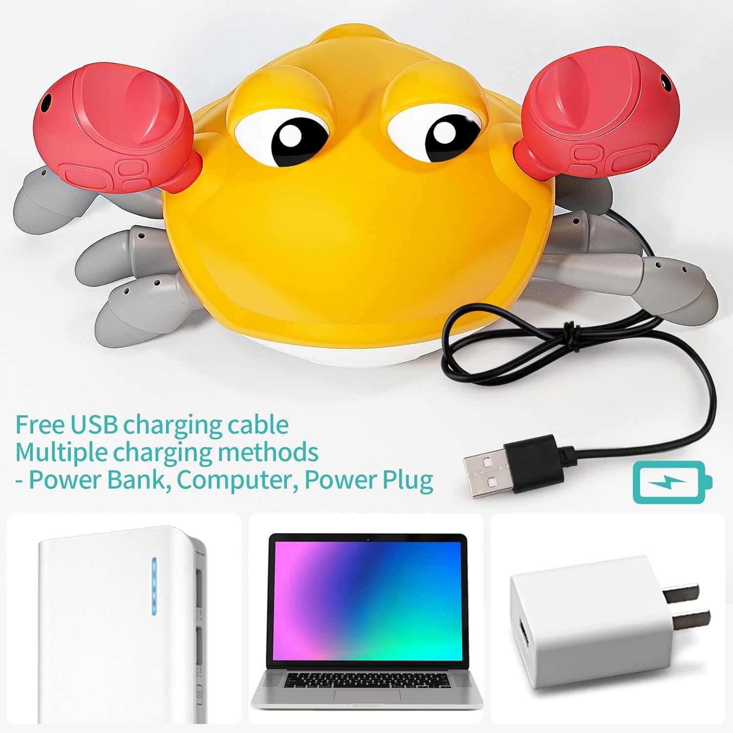 Deejoy Juguetes de cangrejo amarillo con luz, juguete musical interactivo con evitar obstáculos automáticamente, recargable por USB, divertido