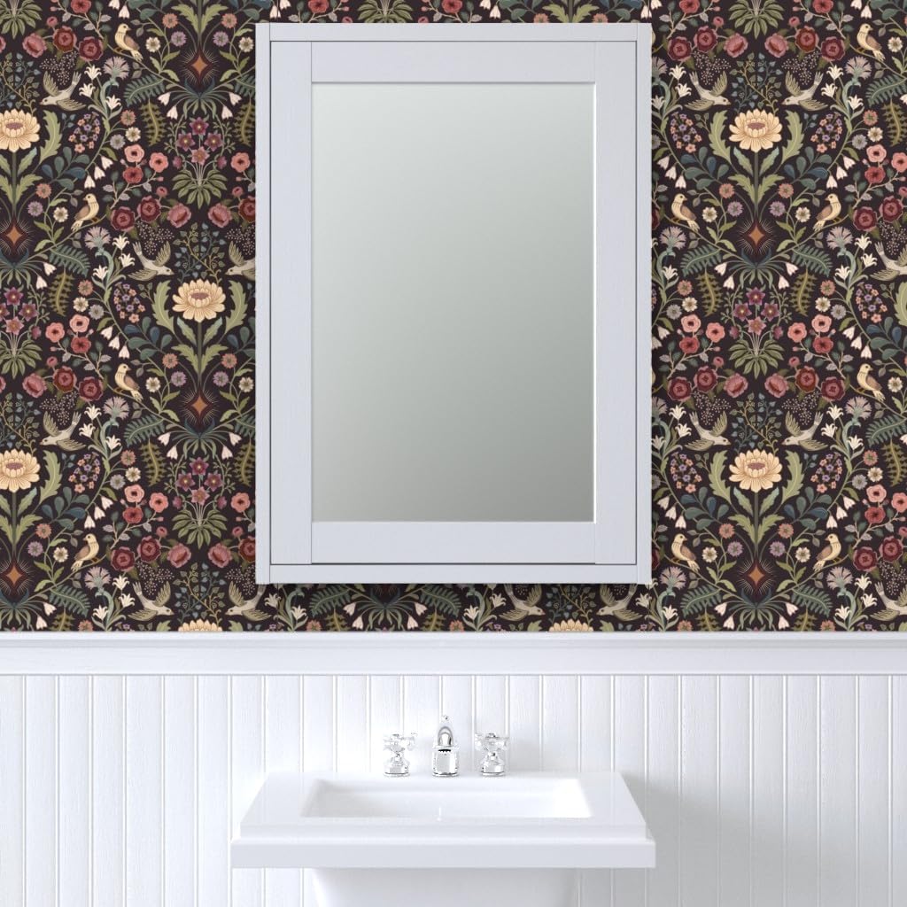 Spoonflower Muestro de papel tapiz extraíble  Arte tradicional floral folclórico pájaros, verde victoriano, color burdeos, papel tapiz prepegado