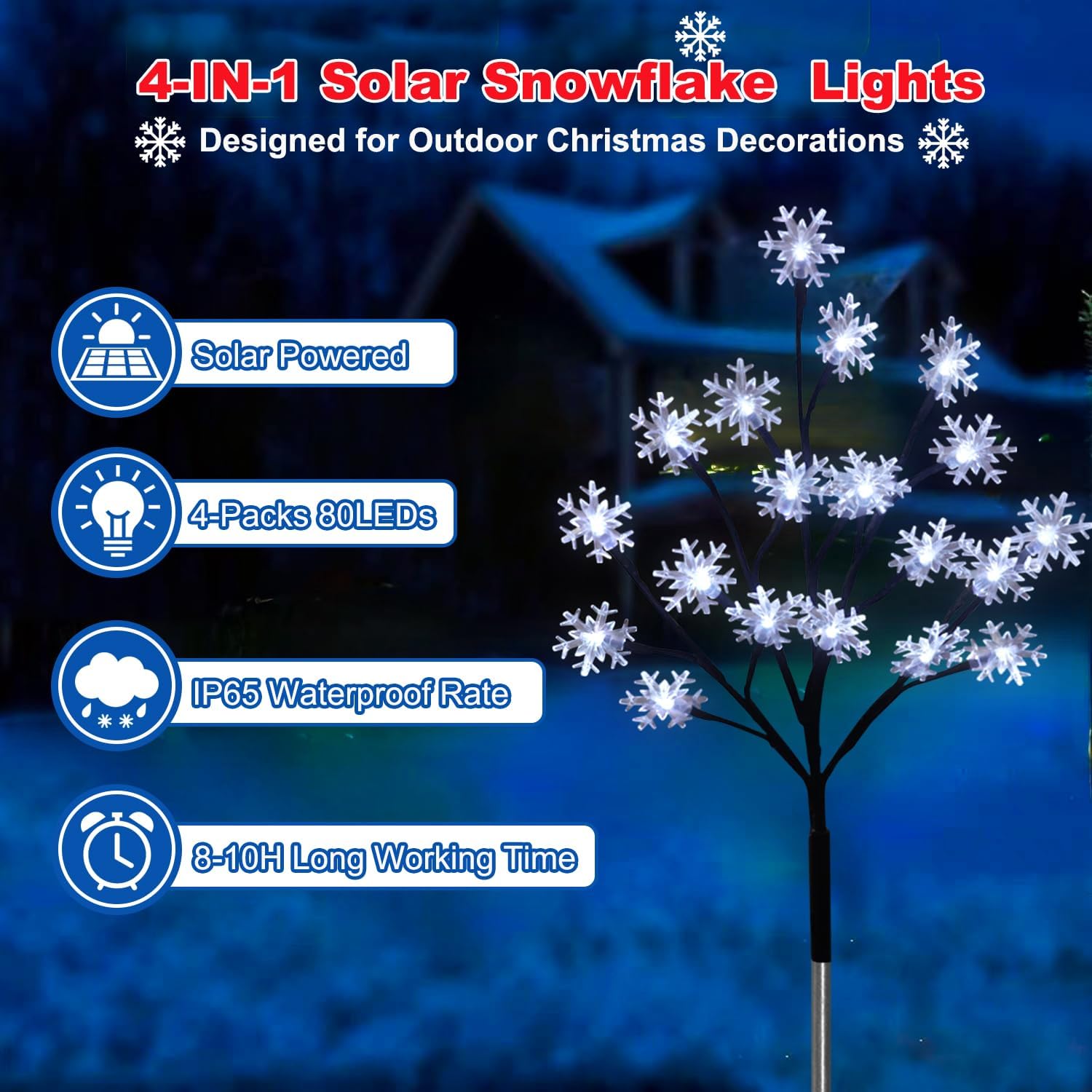 Paquete de 4 luces solares de 80 luces LED de copo de nieve de Navidad, 8 modos de luces solares de copo de nieve al aire libre, luces solares