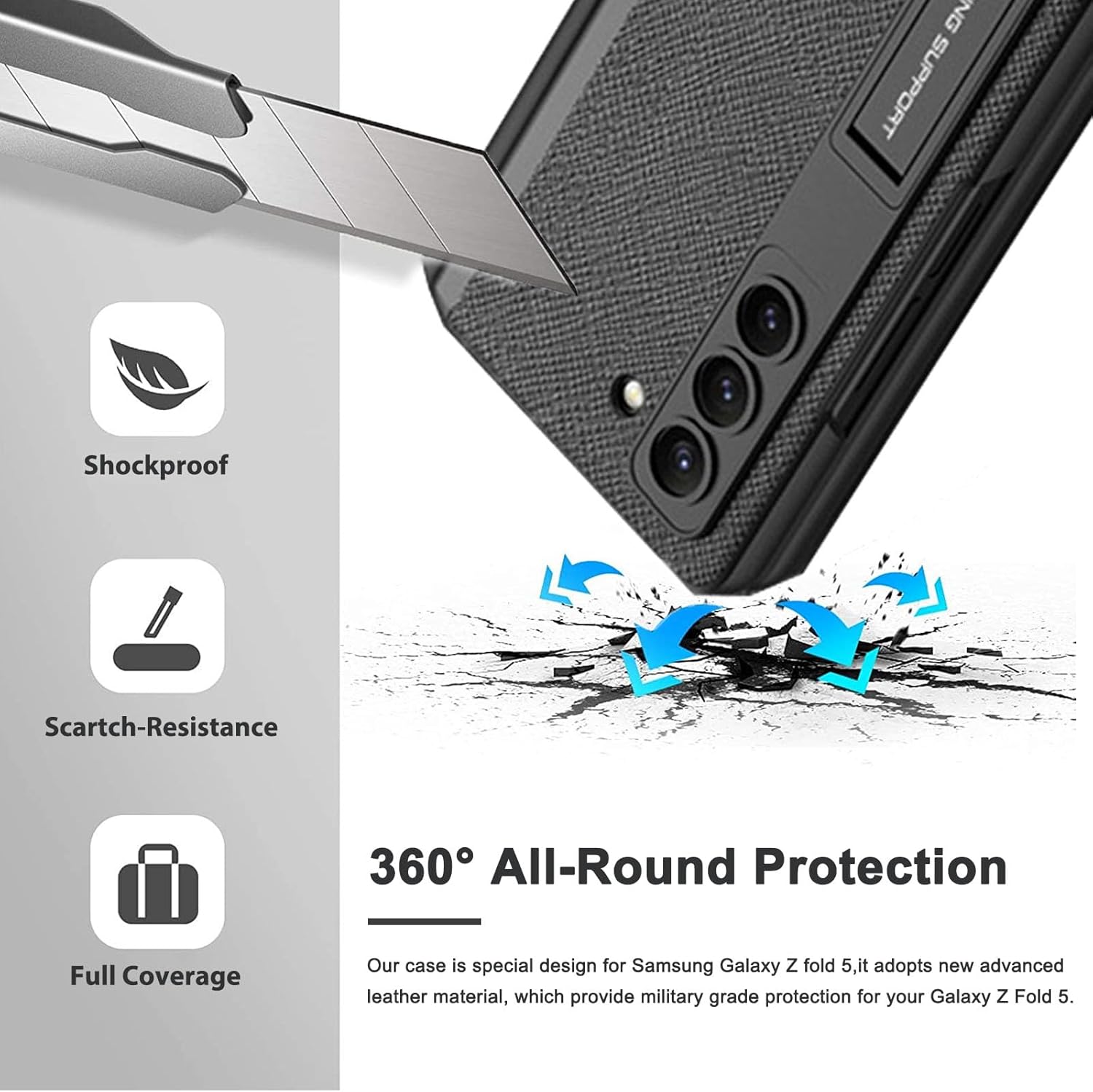 Miimall Funda para Galaxy Z Fold 5, soporte integrado para S Pen + protección magnética de bisagra+protector de pantalla+soporte de grado militar a