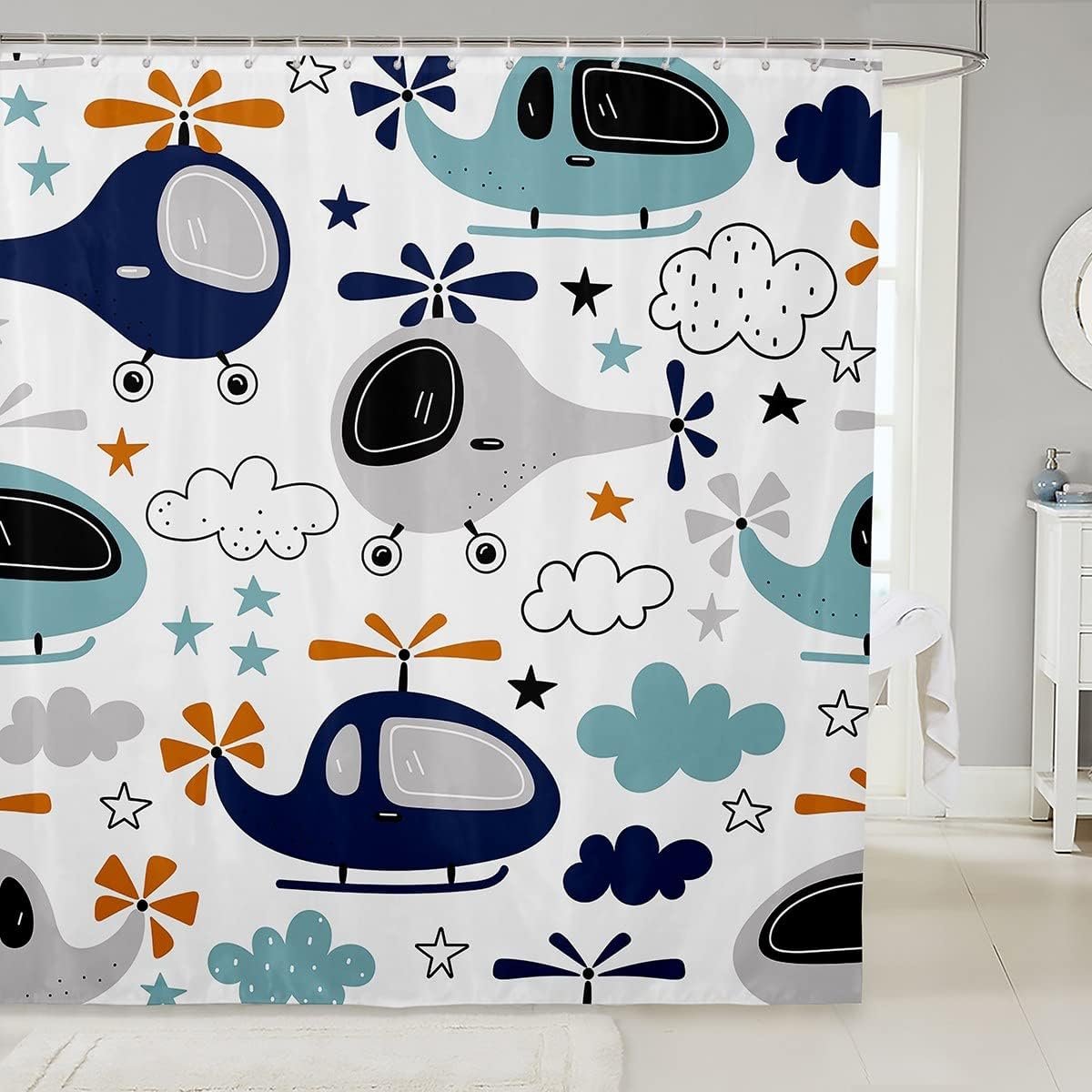 Cortina de ducha de helicóptero de dibujos animados para niños y niñas, juego de cortinas de ducha de baño de avión para niños, 72 x 72 pulgadas,