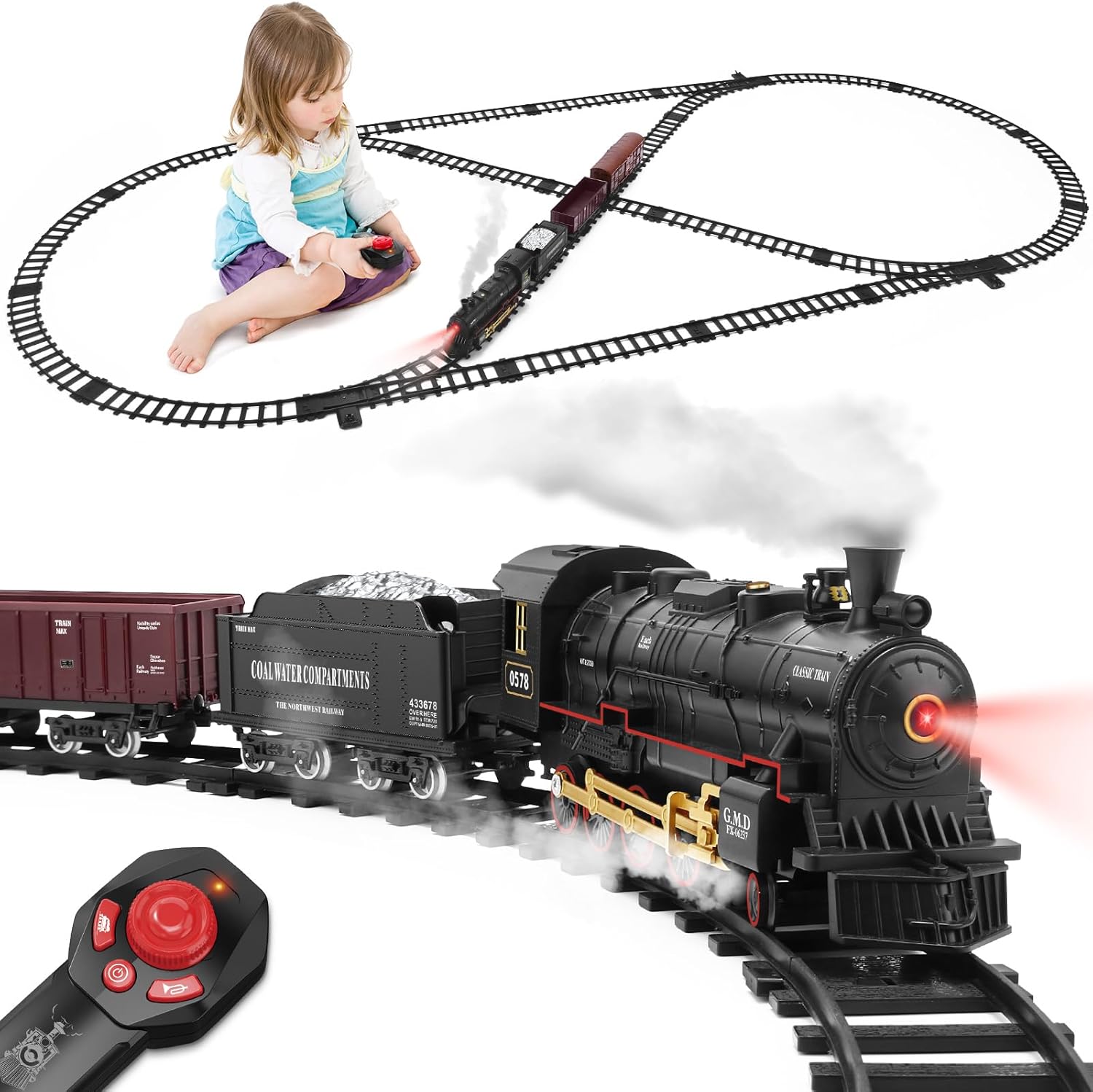 Juego de tren para niños, juguete de tren a control remoto con vehículo de carga, motor de locomotora de vapor, pistas largas de tren debajo del