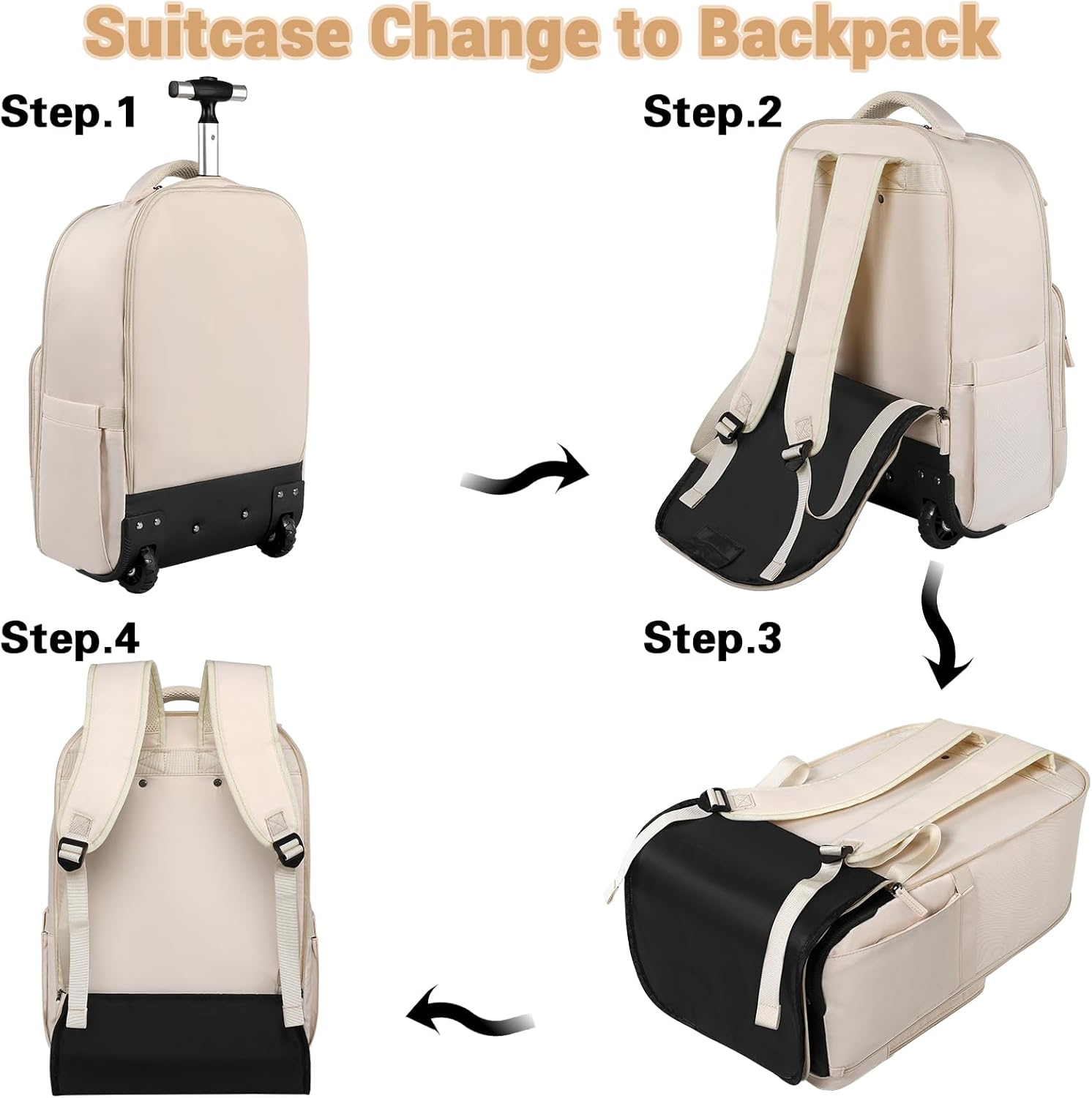 ZOMFELT Mochila con ruedas para mujer, mochila de viaje con ruedas, mochila para laptop de 17 pulgadas con bolsa de aseo, mochila de mano con ruedas